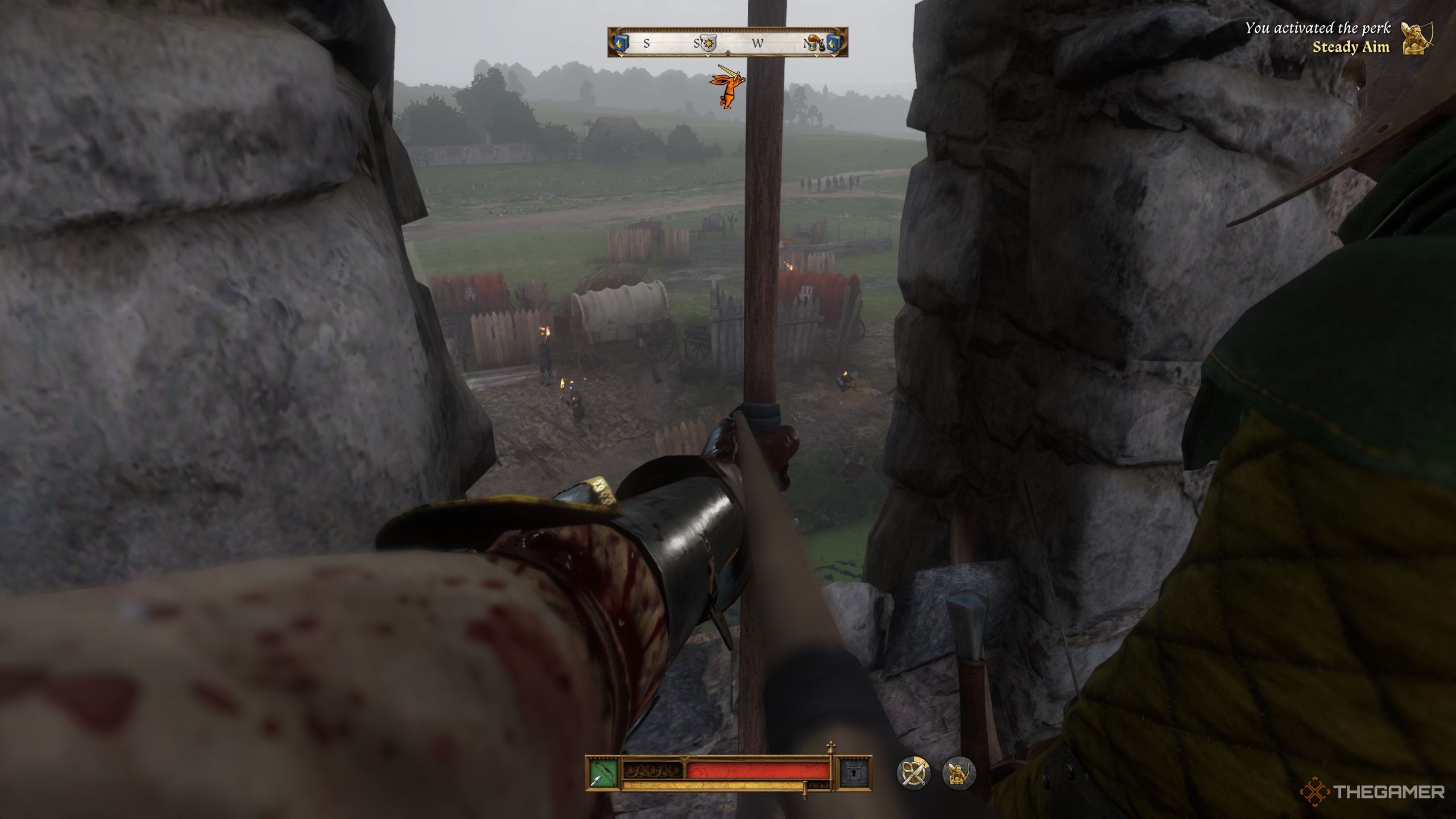 Henry aiming his bow at the enemies.