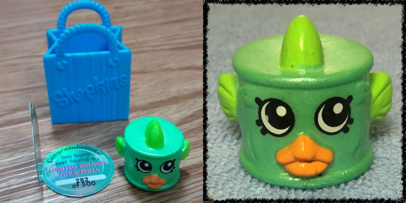 Two images of Tin’A’Tuna Shopkin next her bag and certication. 