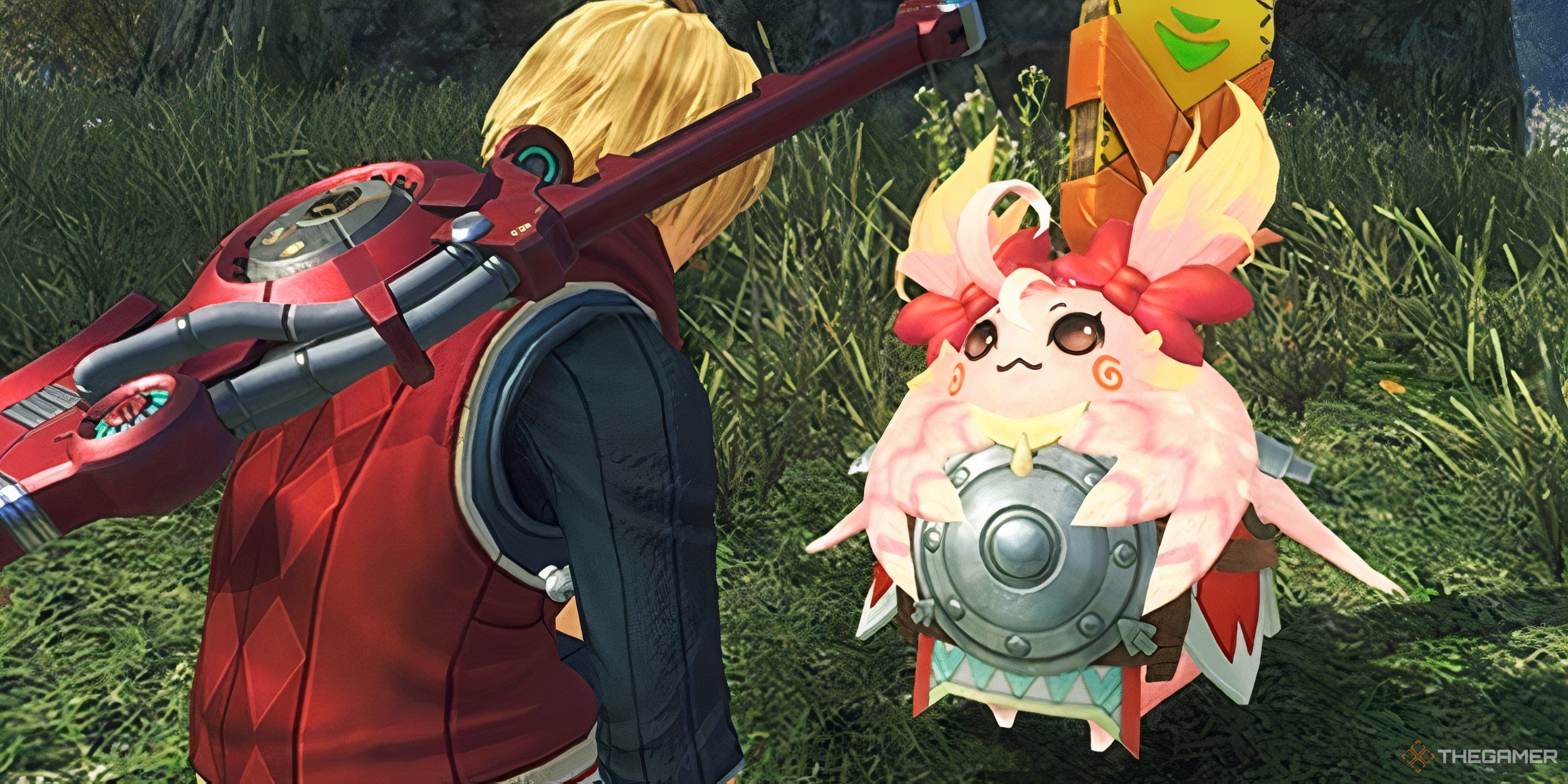Shulk kneeling down to speak to Manana in Xenoblade Chronicles Future Connected.
