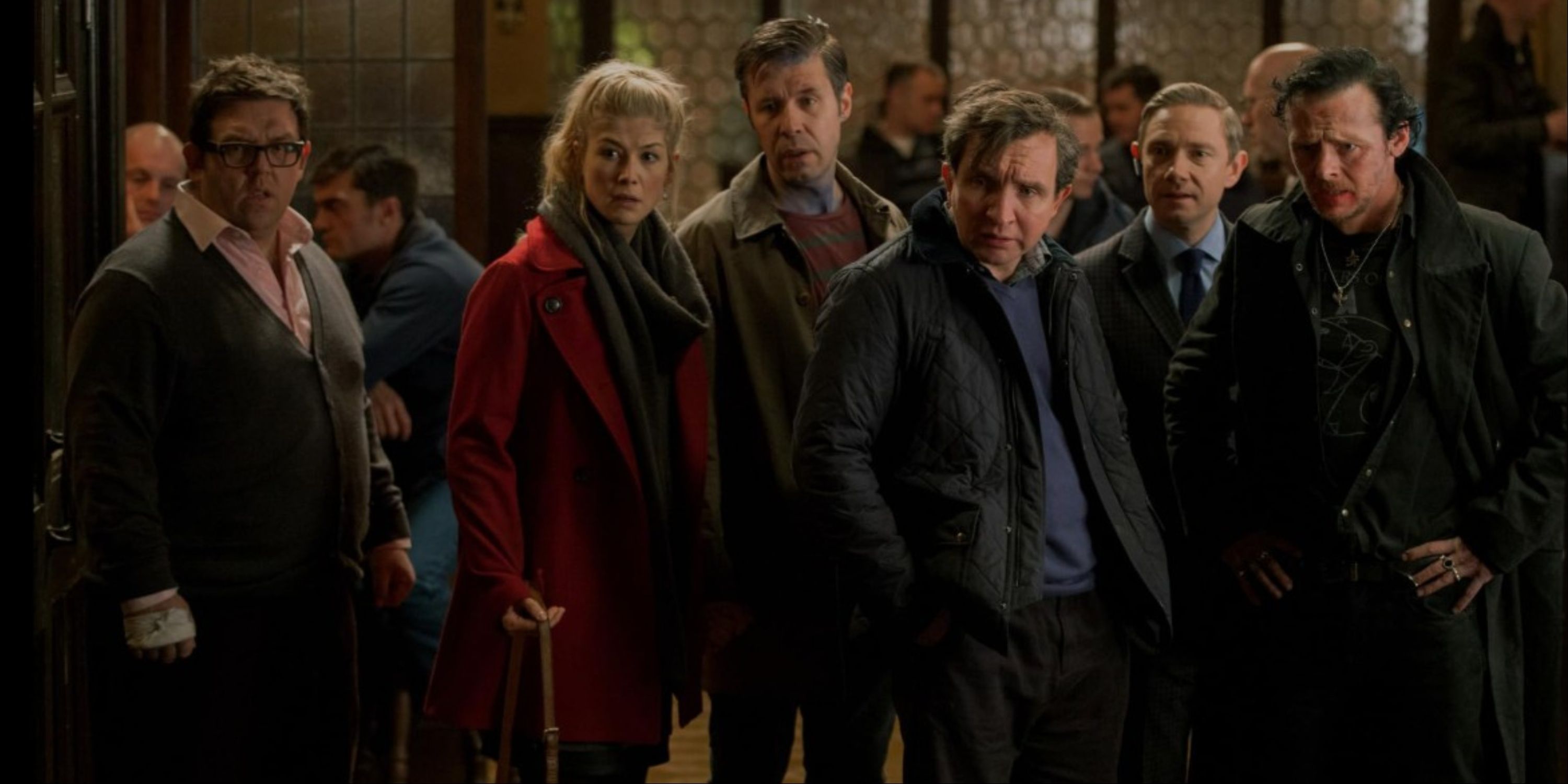 Simon Pegg, Nick Frost, Paddy Considine, Martin Freeman, Rosamund Pike, and Eddie Marsan in The World's End.