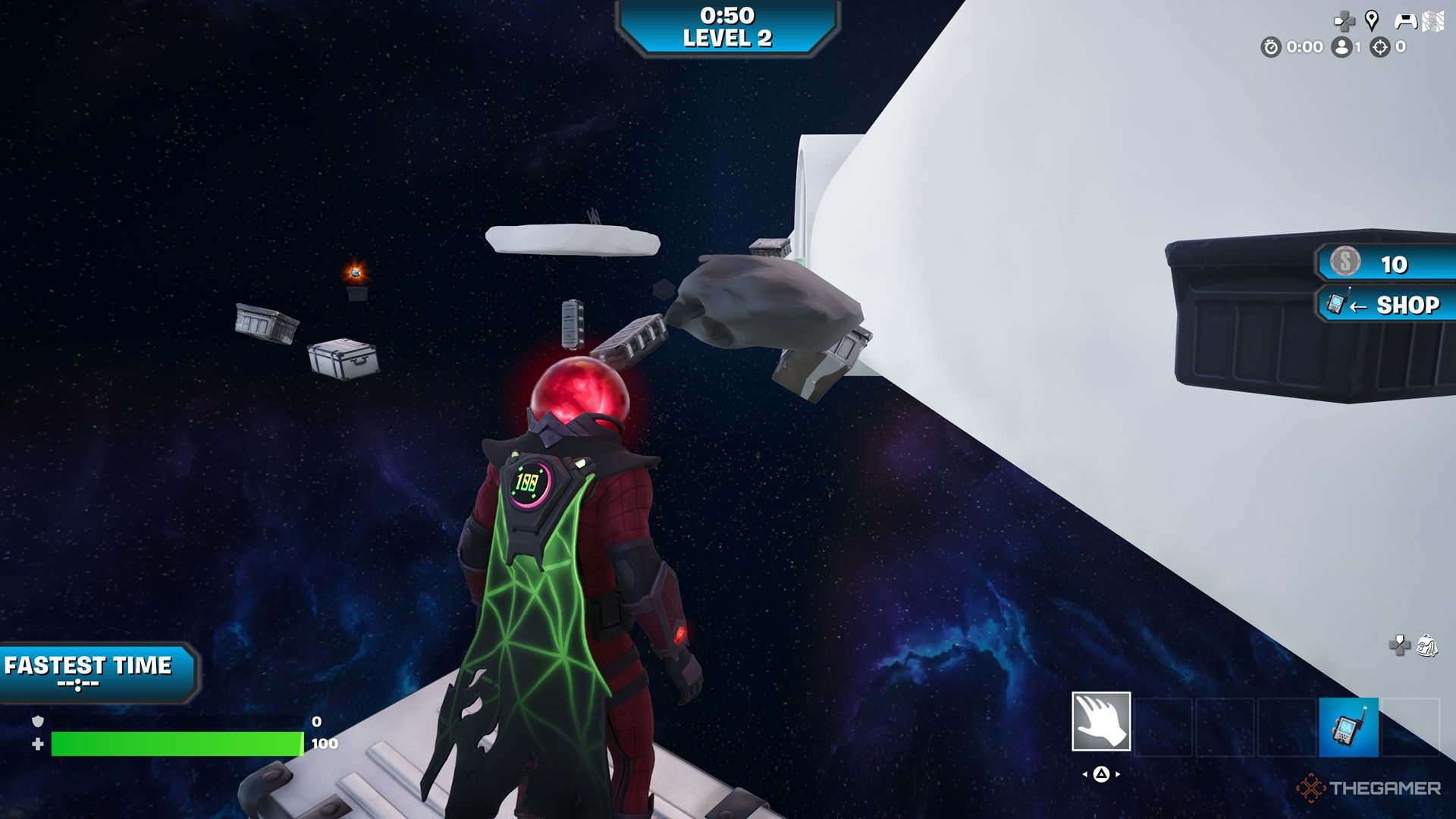 Mysterio escaping a Space Station in Fortnite Creative.