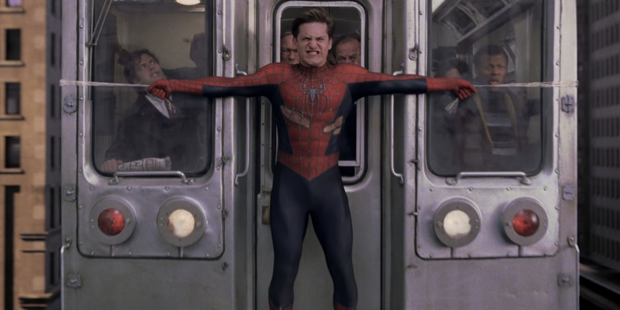 Spider Man stops the train from crashing in Spider Man 2.