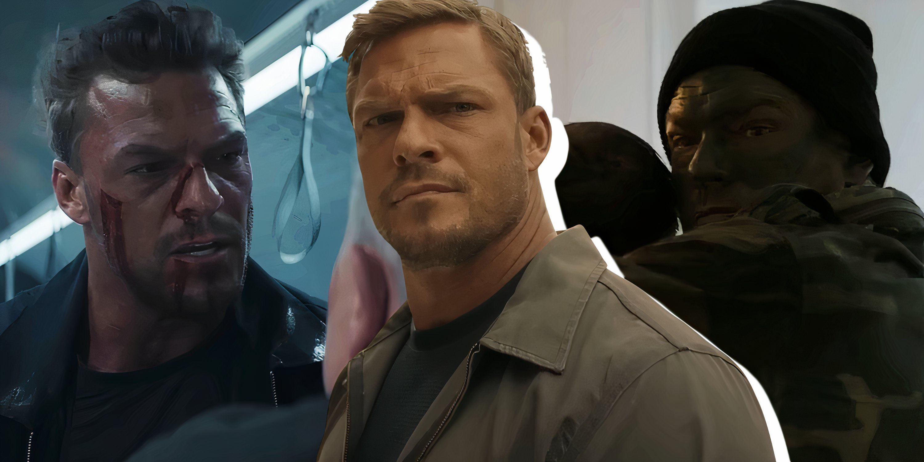 Split image of Alan Ritchson as Jack Reacher in various fight scenes in Reacher