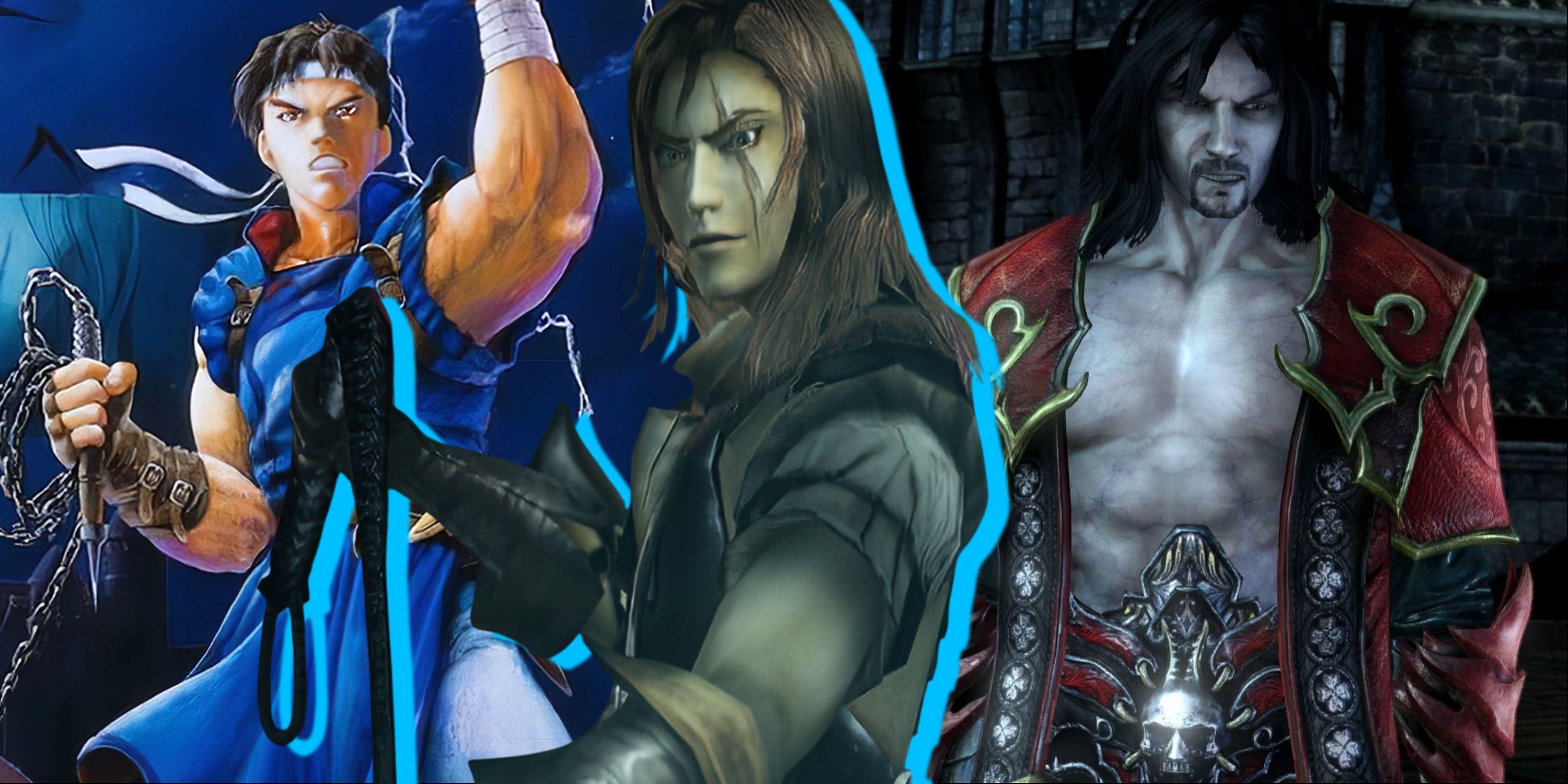 Split image of Richter Belmont, Trevor Belmont, and Gabriel Belmont in the Castlevania franchise