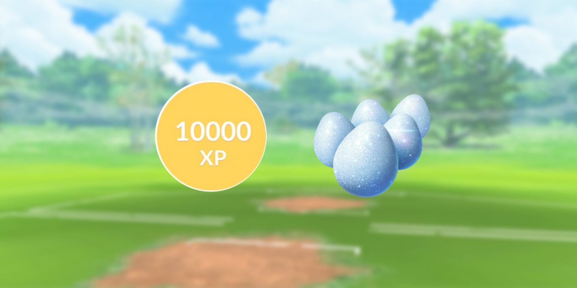 "10,000 XP" in an orange circle next to five Lucky Eggs from Pokemon Go.