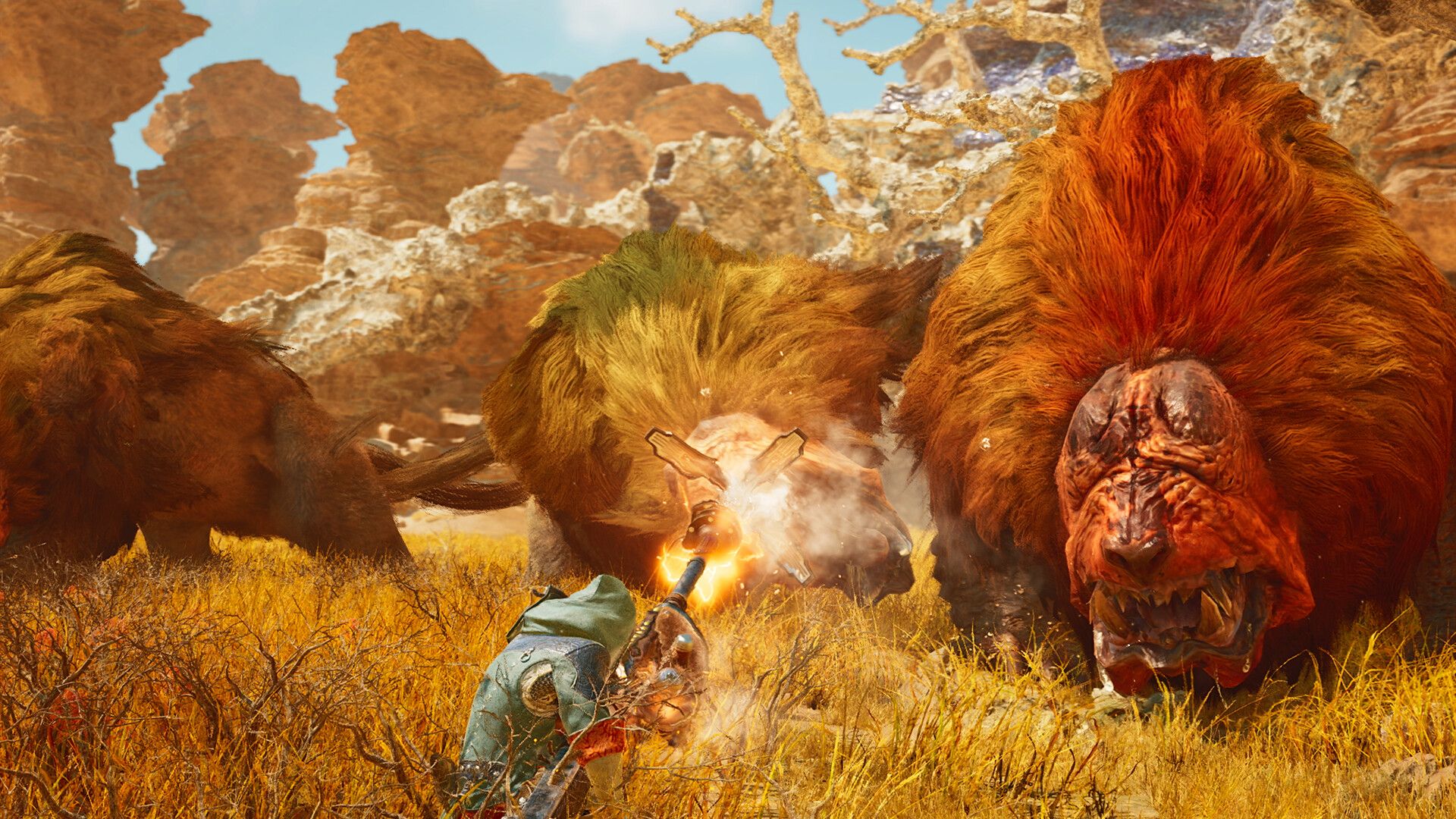 The player is attacked by a pack of creatures in monster hunter wilds. 