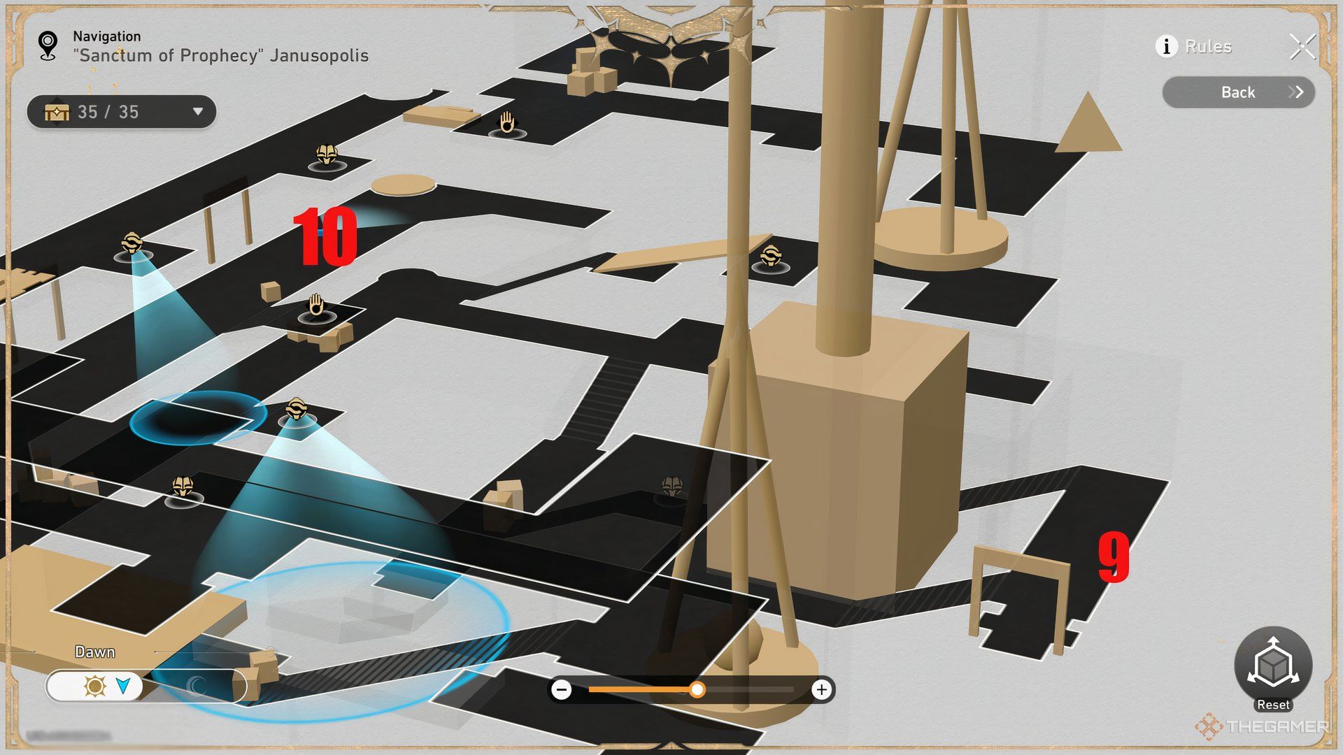 The Nymph's locations for the 3D Upper Plane in the Sanctum of Prophecy Janusopolis map of Honkai: Star Rail.