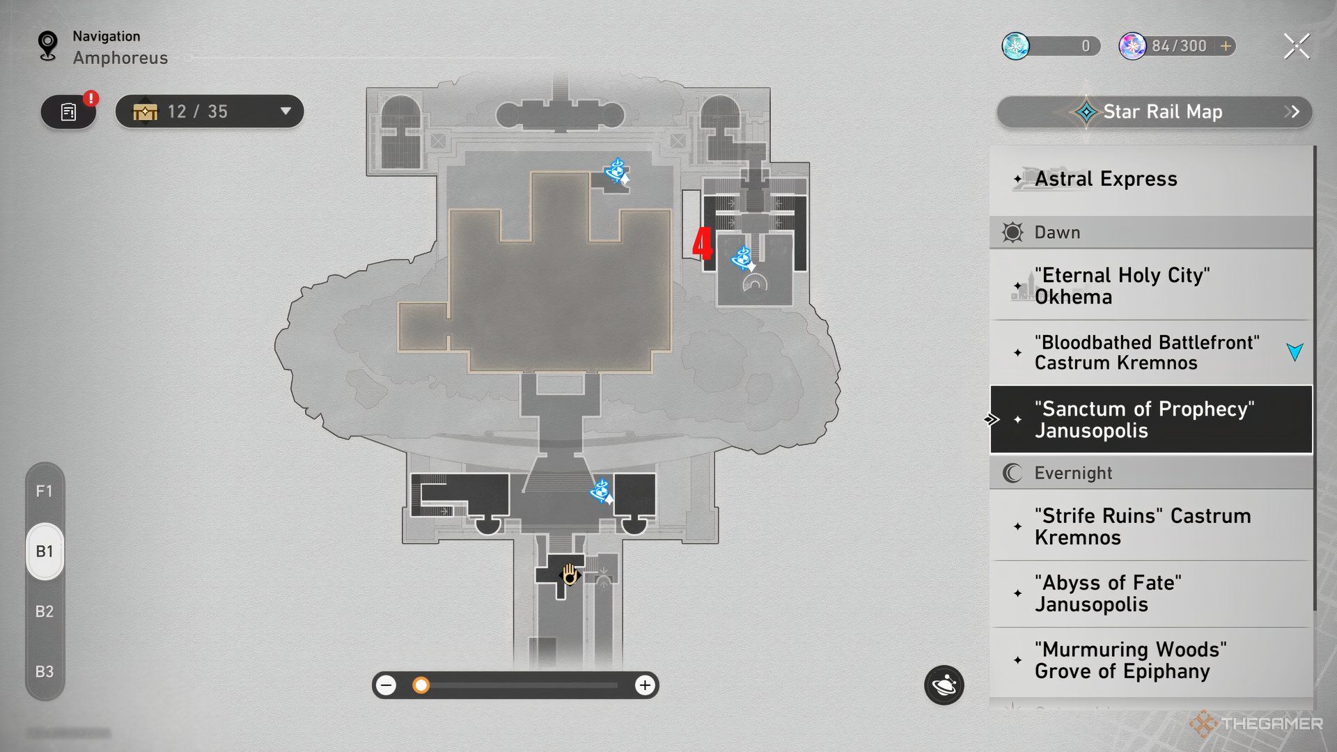 The Nymph's locations for the B1 zone in the Sanctum of Prophecy Janusopolis map of Honkai: Star Rail.