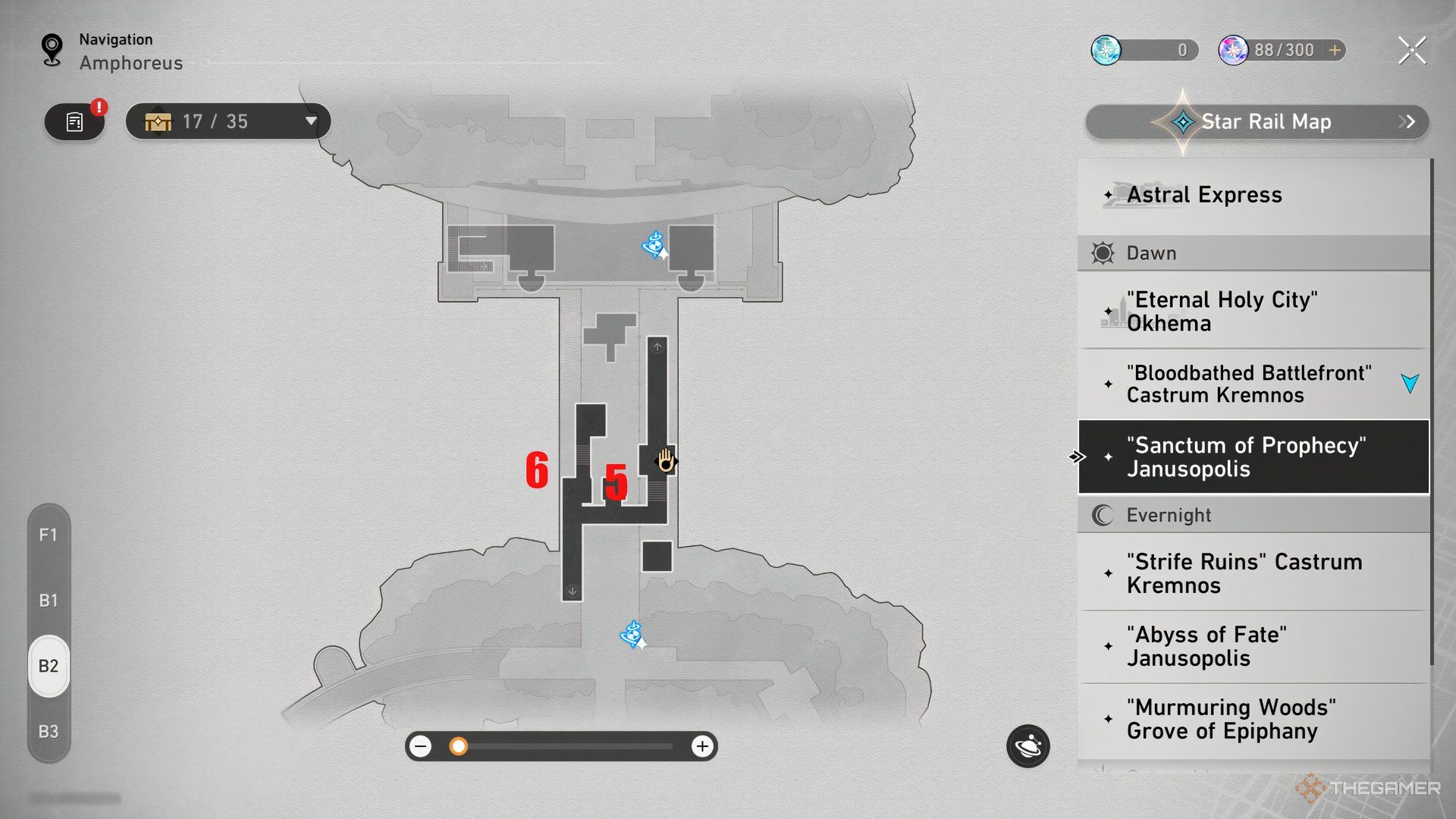 The Nymph's locations for the B2 zone in the Sanctum of Prophecy Janusopolis map of Honkai: Star Rail.