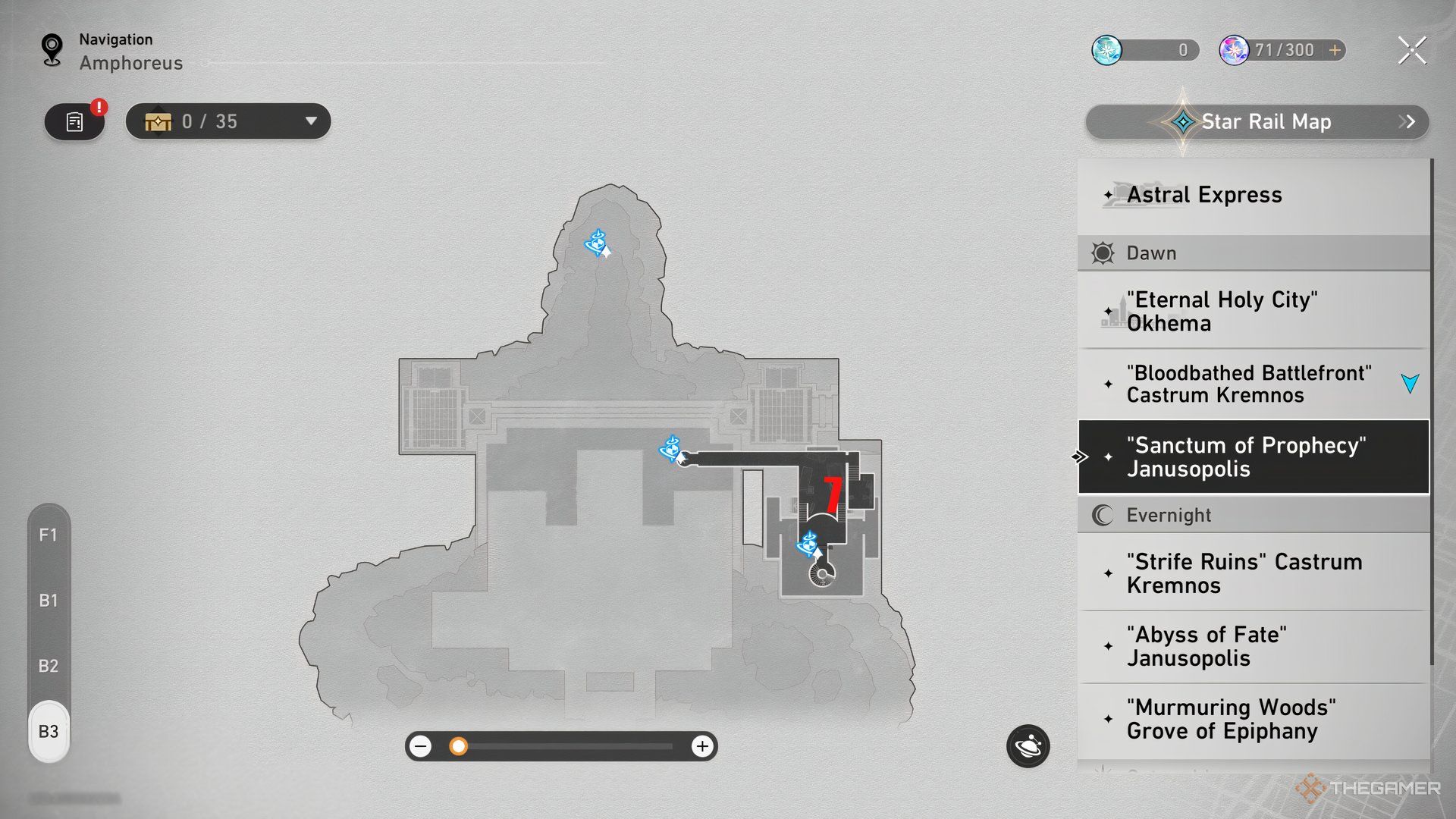 The Nymph's locations for the B3 zone in the Sanctum of Prophecy Janusopolis map of Honkai: Star Rail.