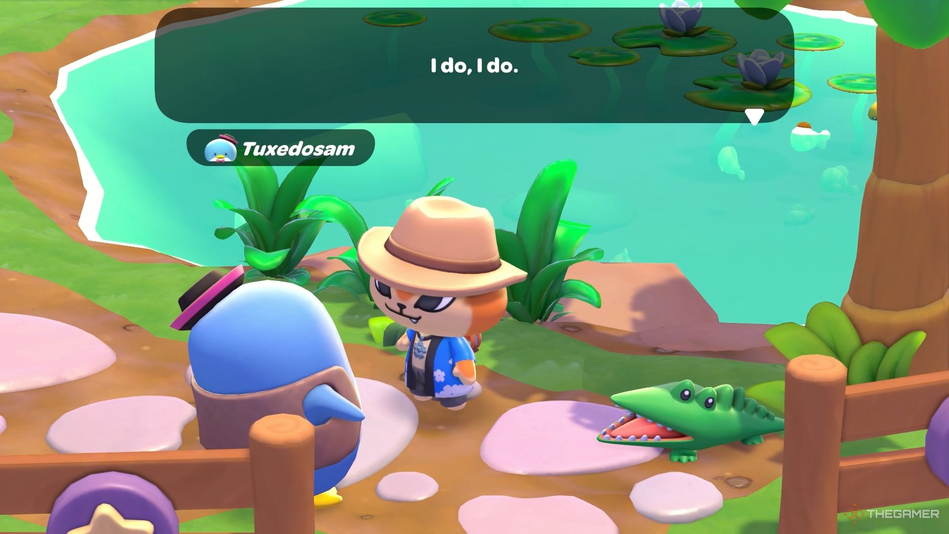 The player is speaking with Tuxedosam near a lake in Hello Kitty Island Adventure.