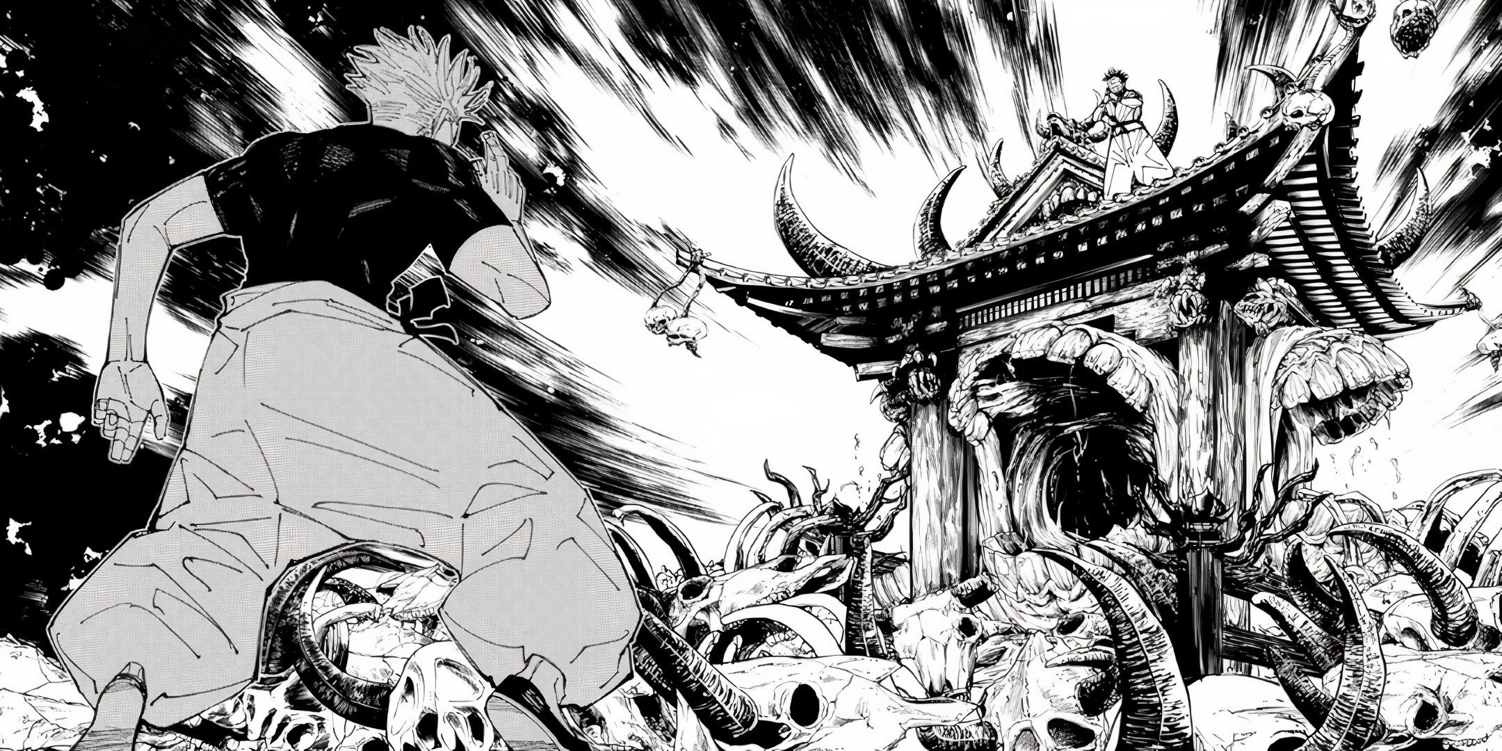 Gojo Fighting Sukuna In His Domain Expansion in the Jujutsu Kaisen manga.