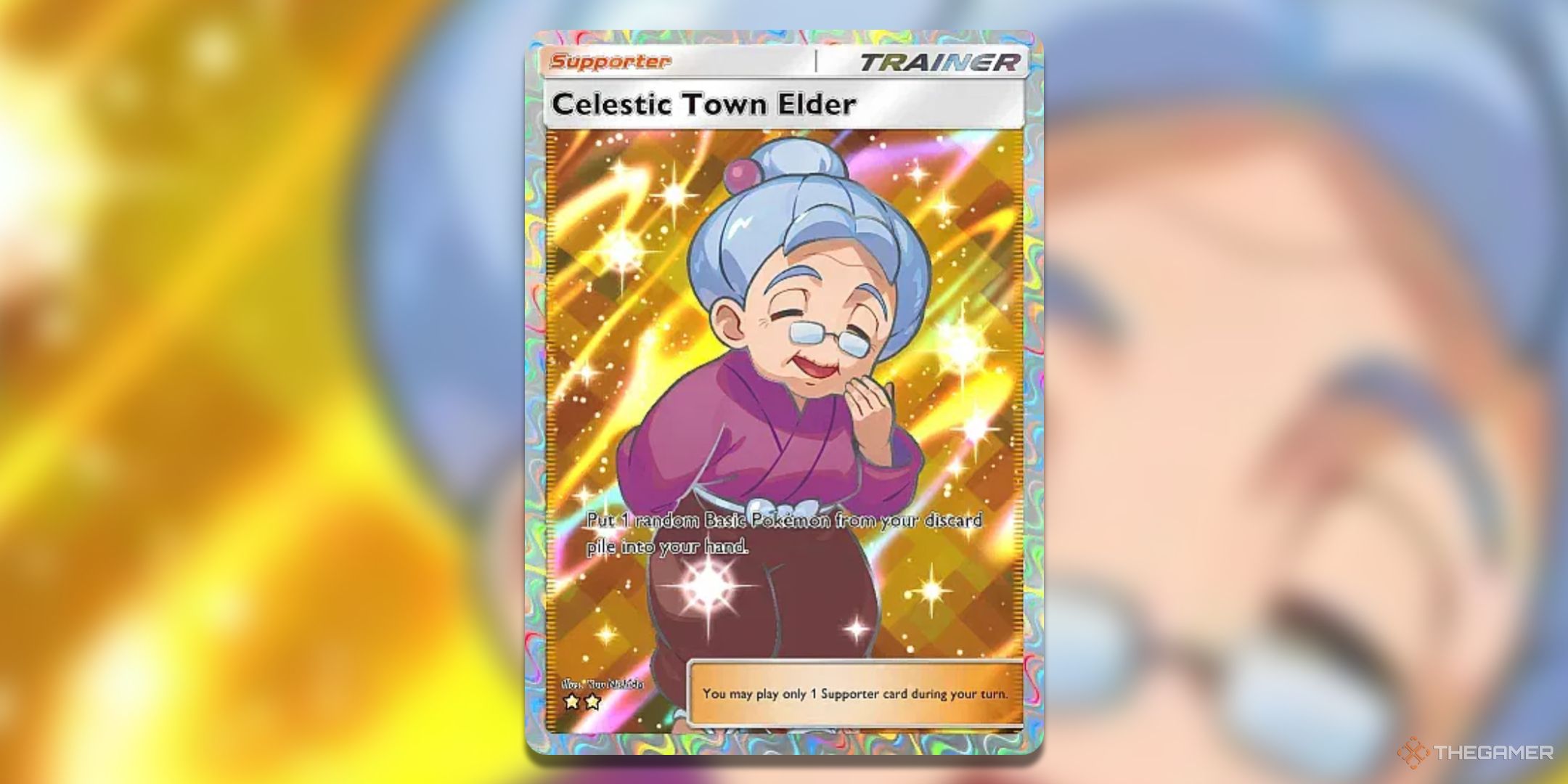 Super Rare Celestic Town Elder Pokemon TCG Pocket Triumphant Light Card Art.