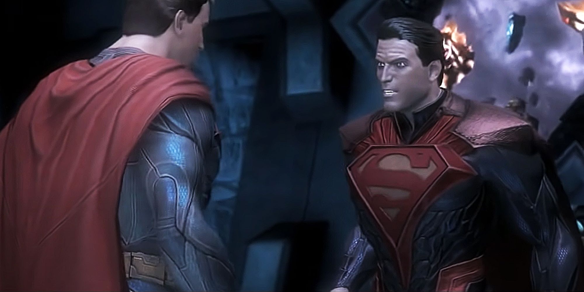 Injustice Gods Among Us screenshot of evil Superman looking at good Superman.