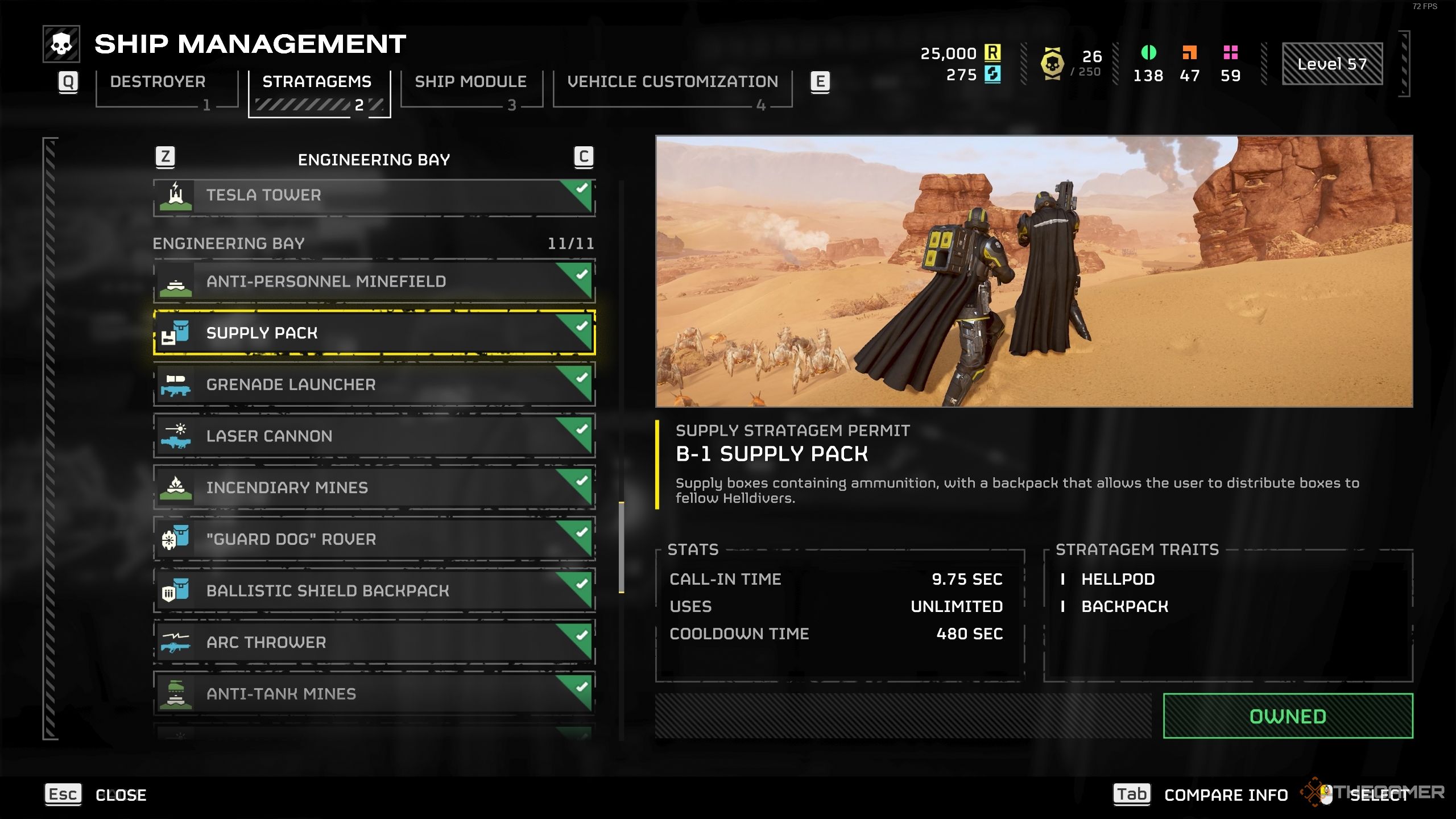 The Ship Management screen for the B-1 Supply Pack backpack stratagem in Helldivers 2.