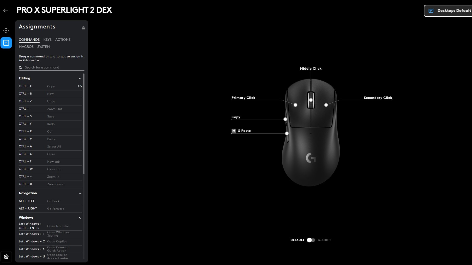 Screenshot of keybinding software in Logitech G Hub, connected to Superlight 2 DEX mouse