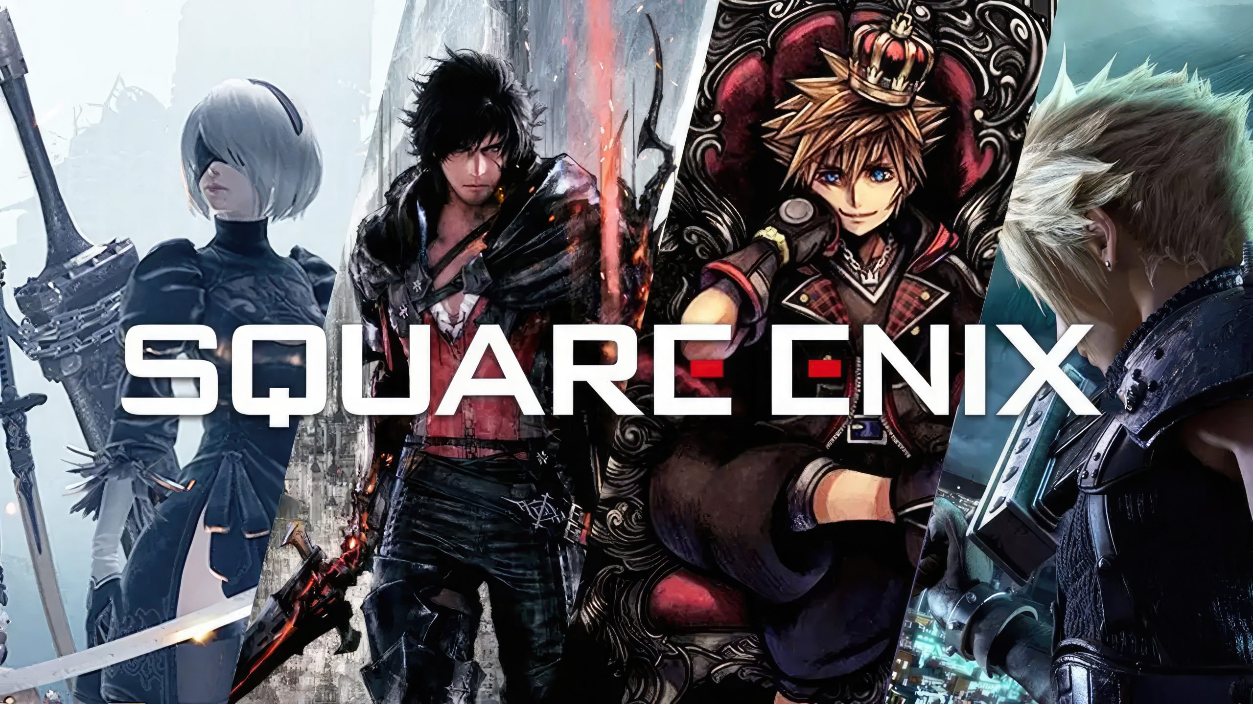 2B from Nier Automata, Clive from Final Fantasy 16, Sora from Kingdom Hearts, and Cloud from Final Fantasy 7. The Square Enix logo is editted on top.