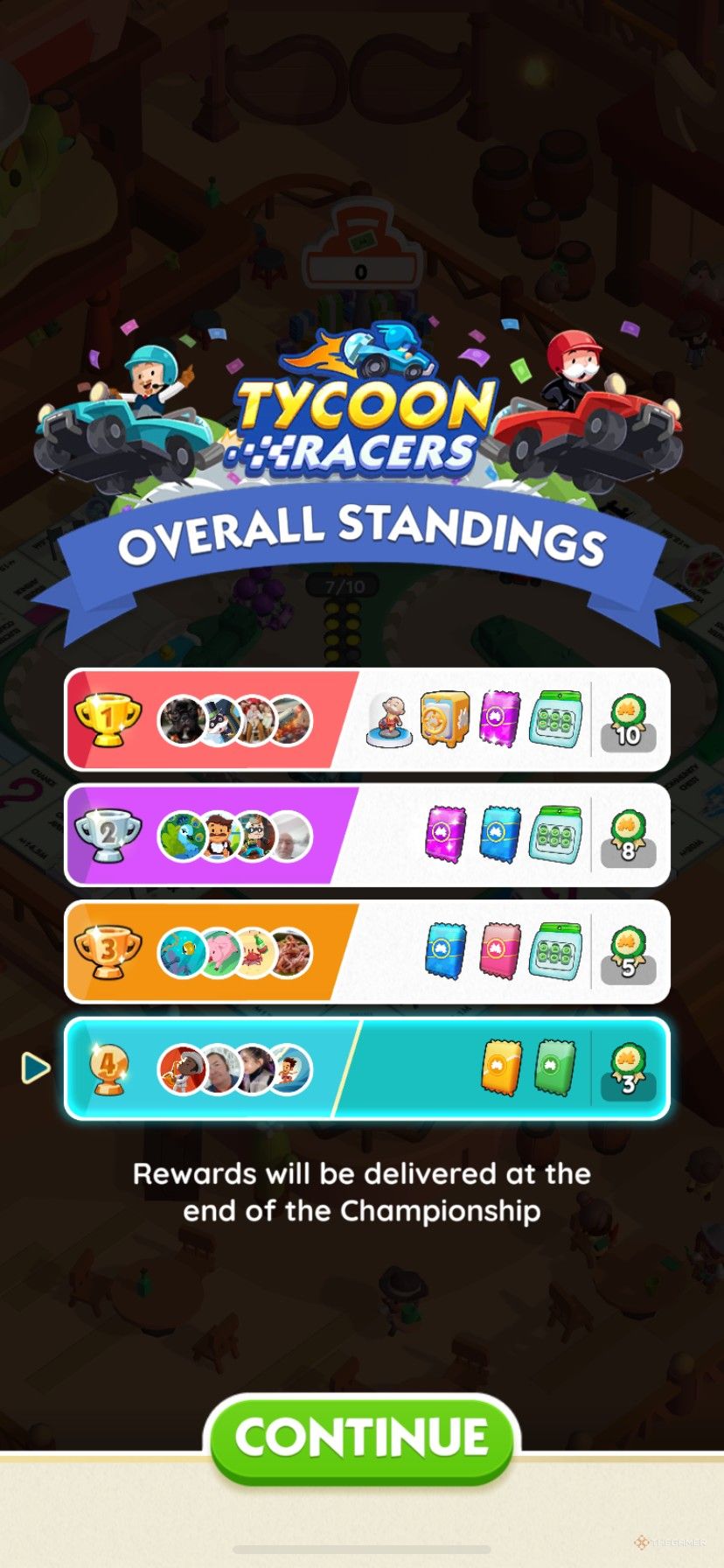 Team rewards for the March Tycoon Racers in Monopoly Go.