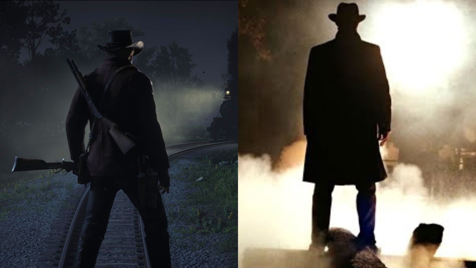 Split images of: Red Dead Redemption 2 (left) and The Assassination of Jesse James by the Coward Robert Ford (right).