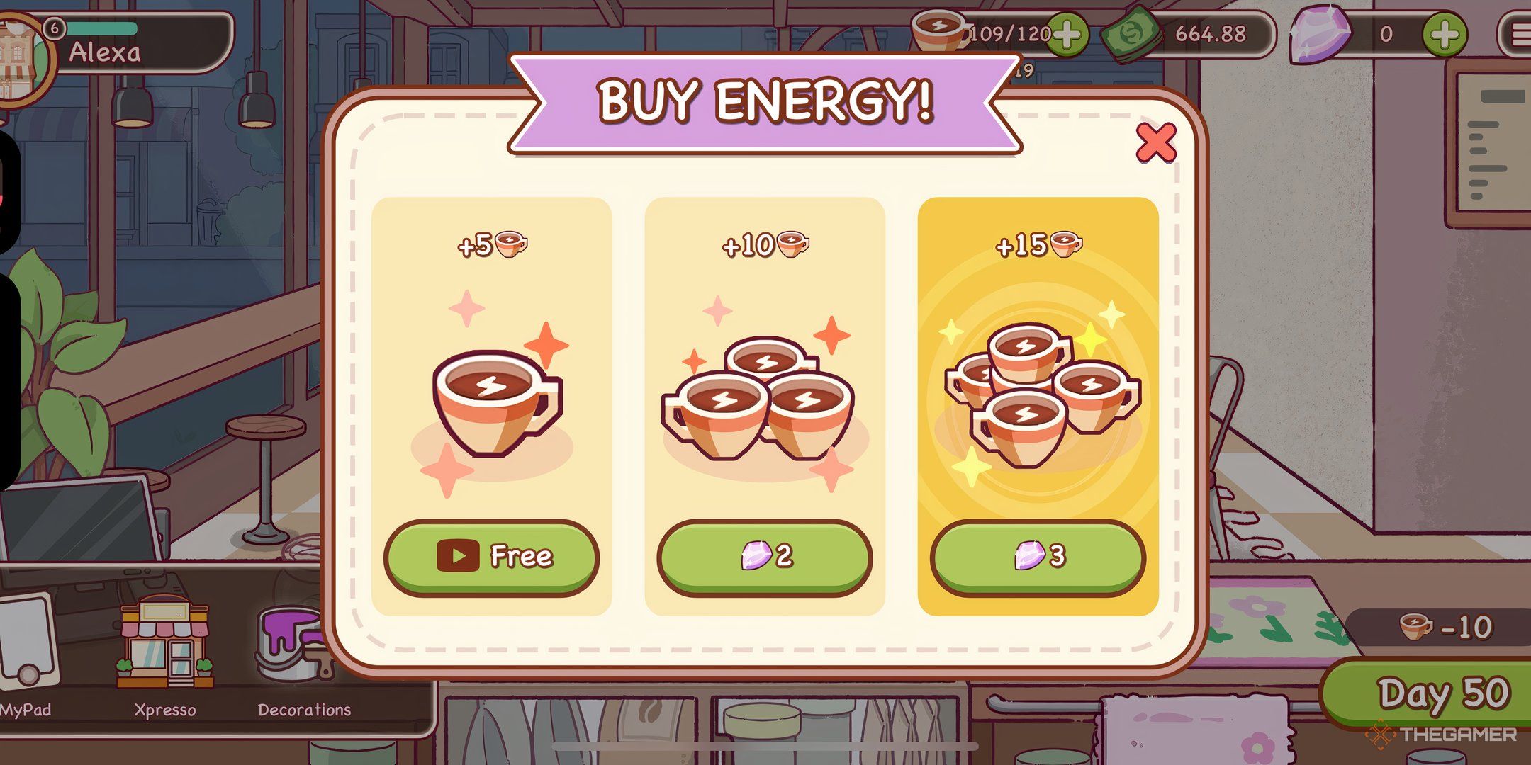 A pop-up prompting the player to buy more energy for Good Coffee, Great Coffee.