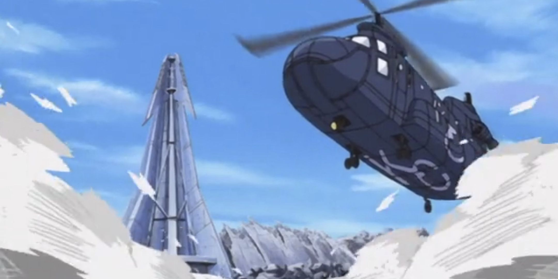 The cast of Yu-Gi-Oh! escaping via helicopter before Kaiba blows up the Duel Tower.