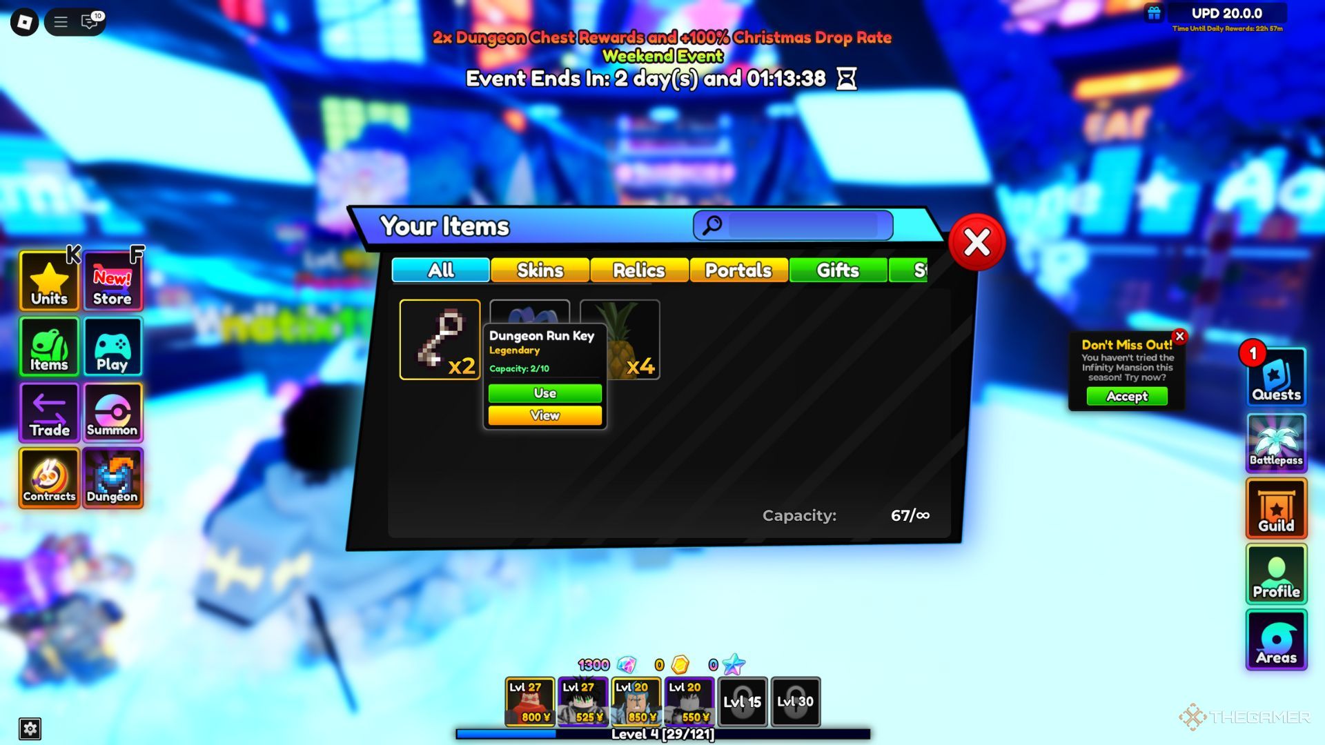 The player character shows Dungeon Run Keys in his inventory in the main lobby in Anime Adventures.