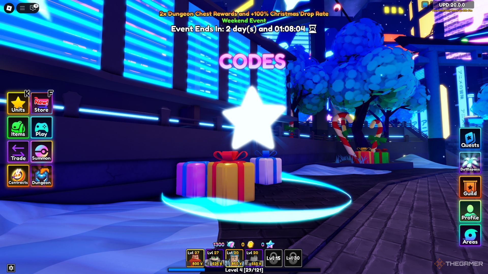 The player character shows the codes tab in the main lobby in Anime Adventures.