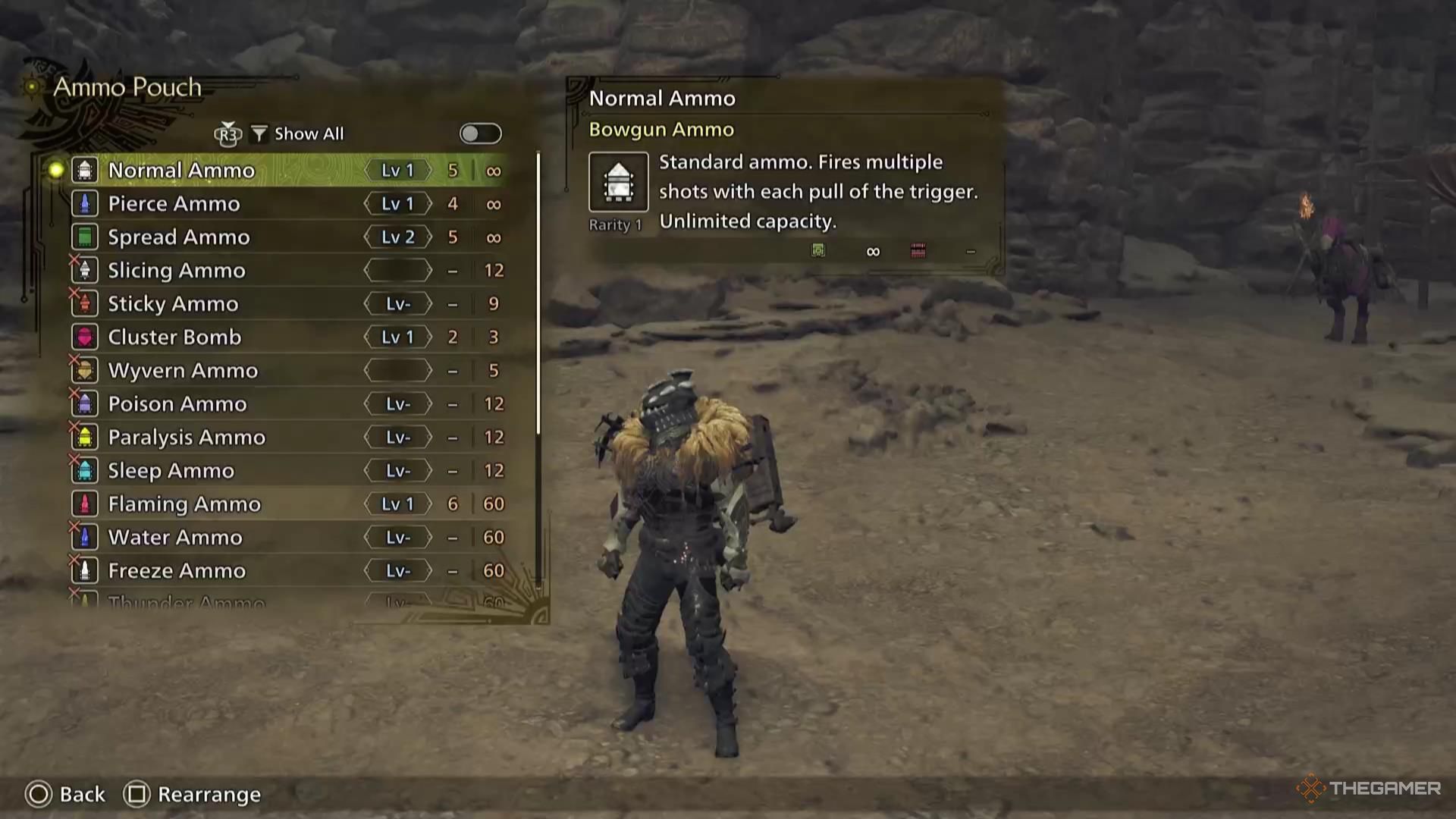 The different ammo types in the Ammo Pouch in Monster Hunter Wilds.