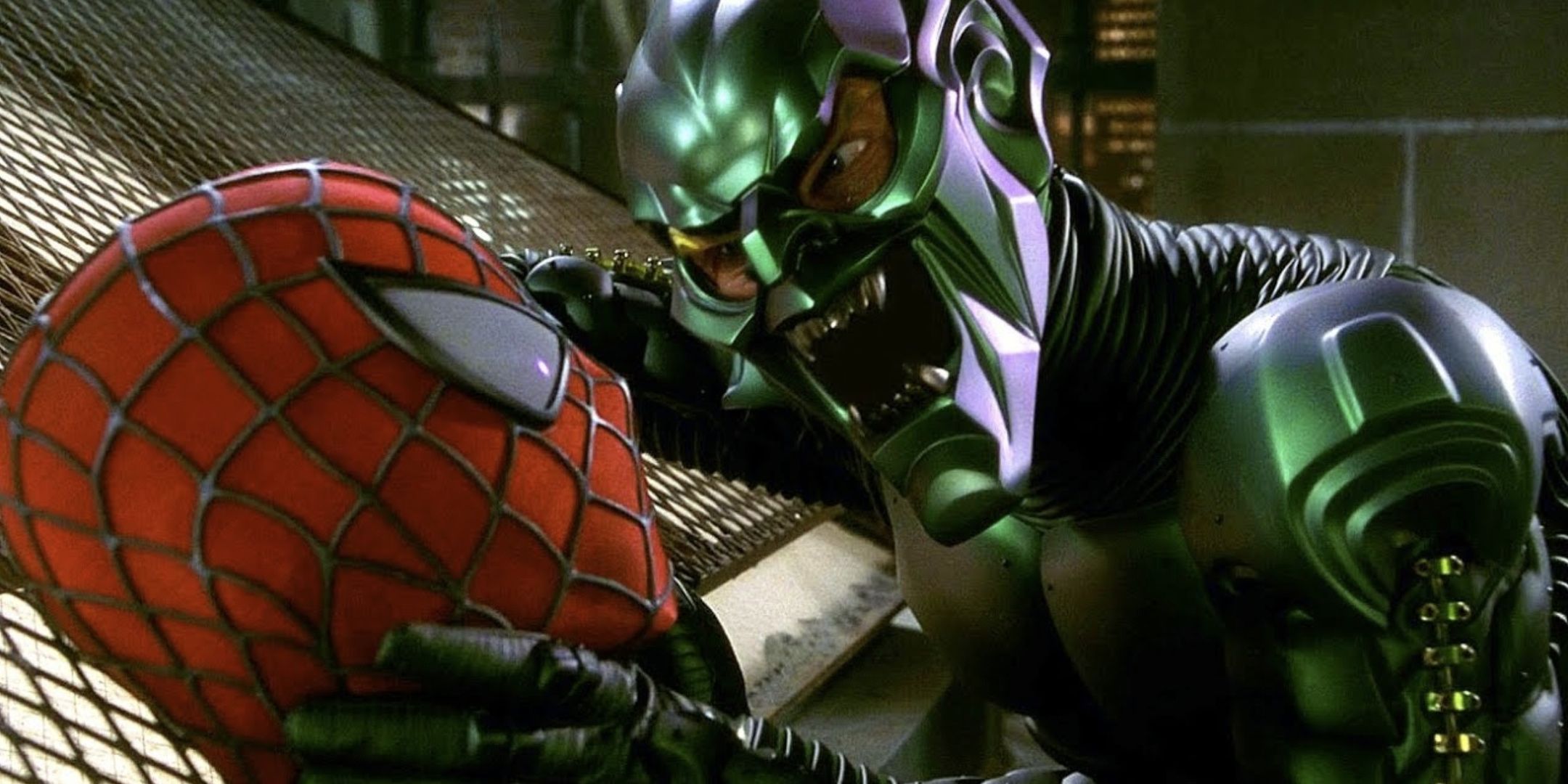 The Green Goblin tempts Spider Man on the rooftops.