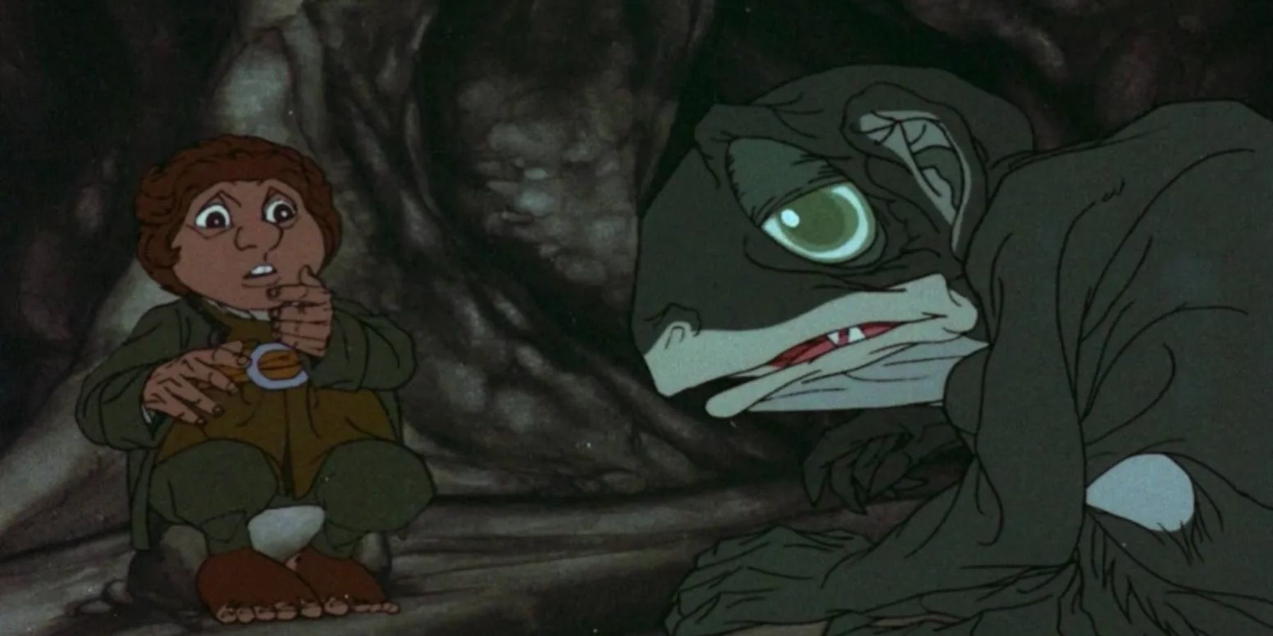 Bilbo Baggins and Gollum in the 1977 animated film The Hobbit