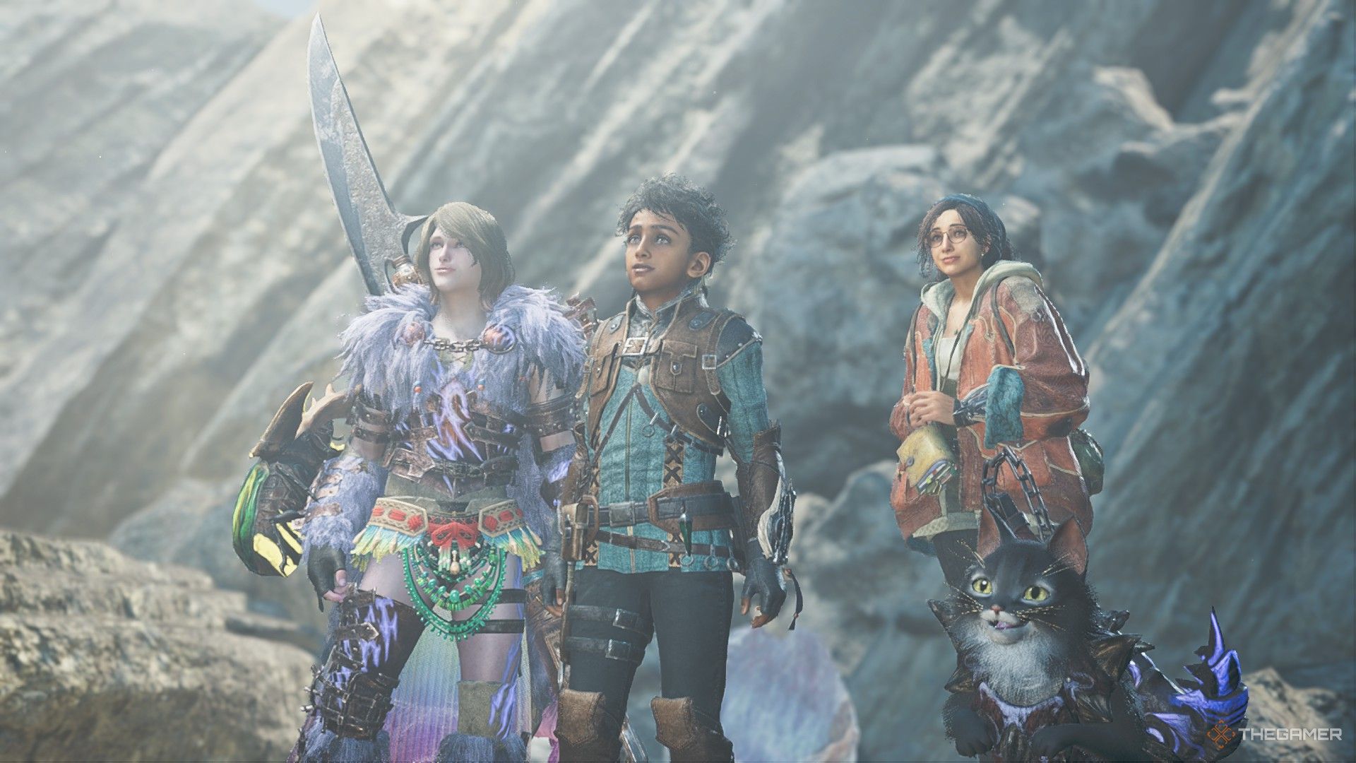 The Hunter, Nata, Alma and the Palico gaze into the distance in Monster Hunter Wilds