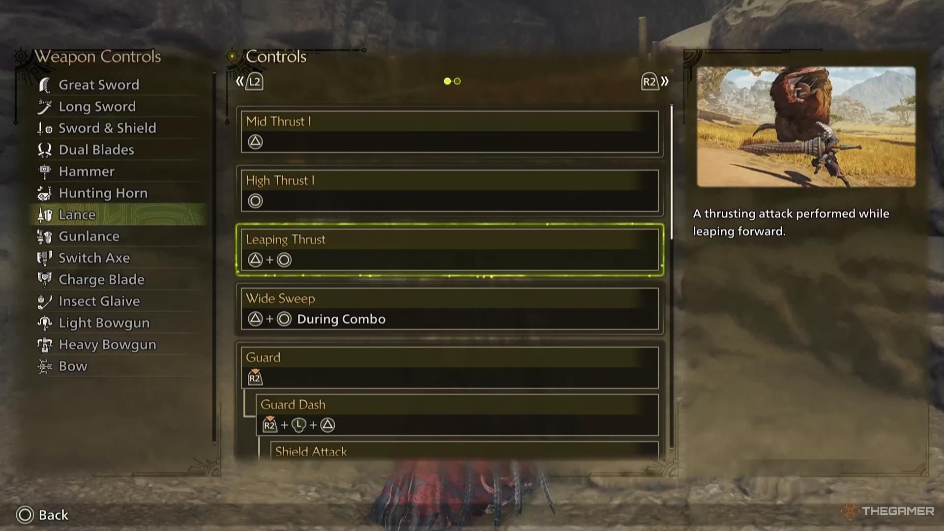 The Leaping Thrust attack description for the Lance in Monster Hunter Wilds.