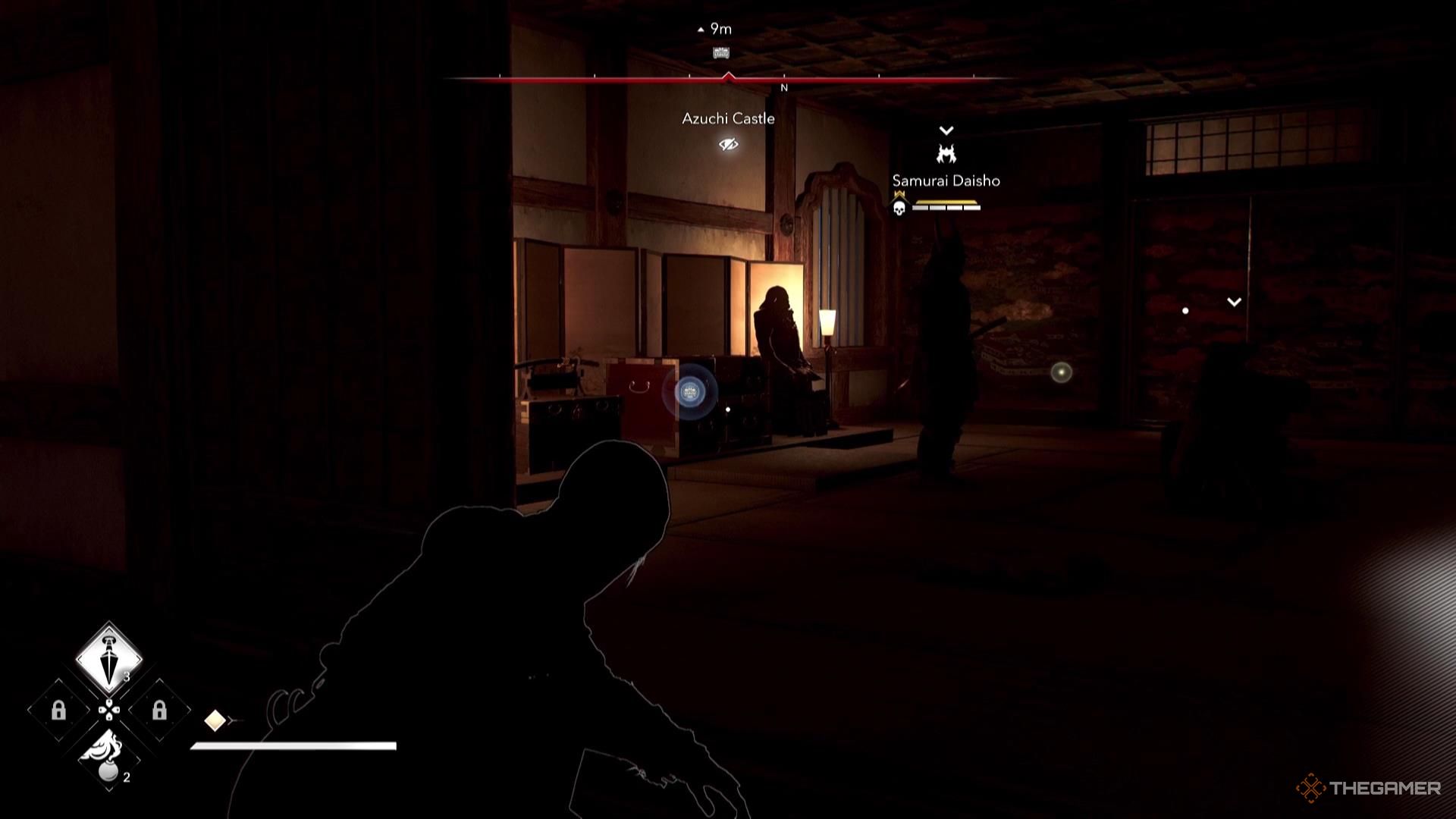 The legendary chest sits behind a samurai in a room in Assassin's Creed Shadows.