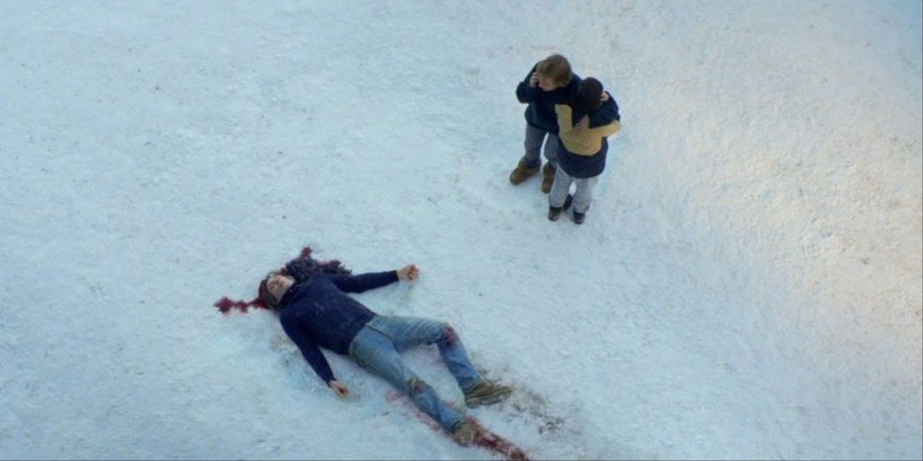 The main art for Anatomy of a Fall featuring the dead husband in the snow and Sandra consoling her son while placing a call.