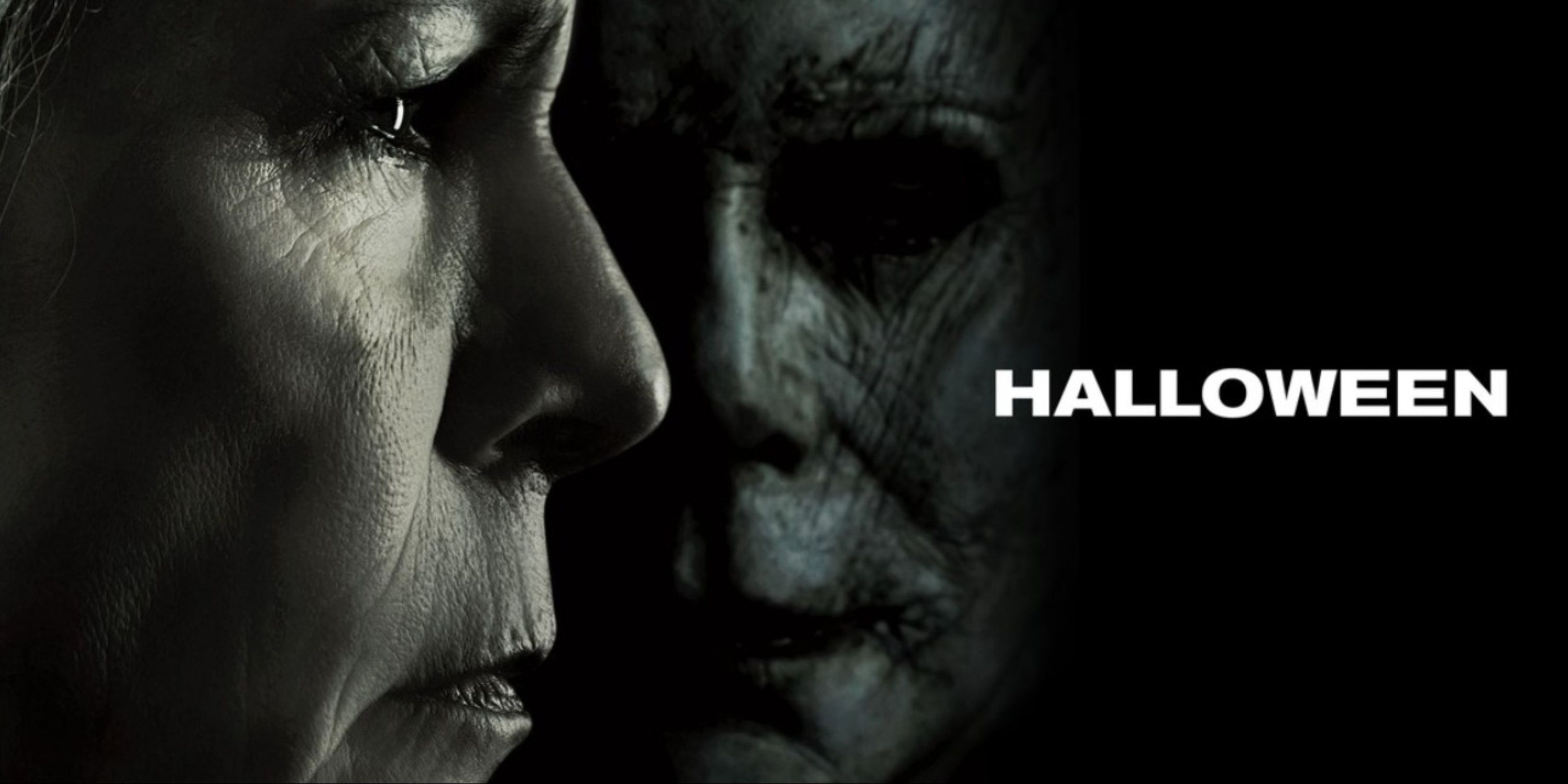 The main art for Halloween (2018) featuring an older Laurie Strode and Michael Myers.