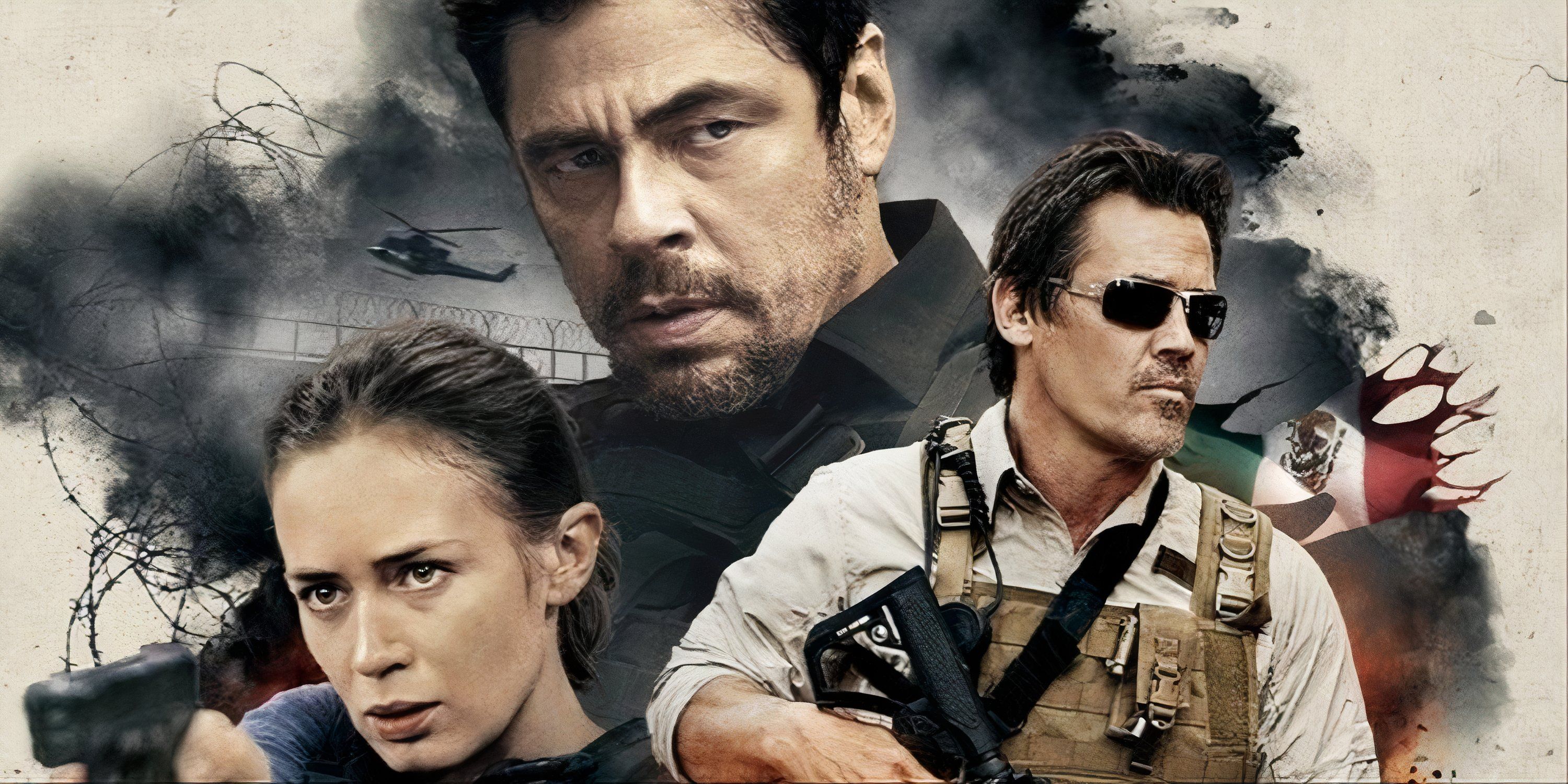 The main art for Sicario featuring Emily Blunt, Benicio del Toro, and Josh Brolin in front of black smoke.