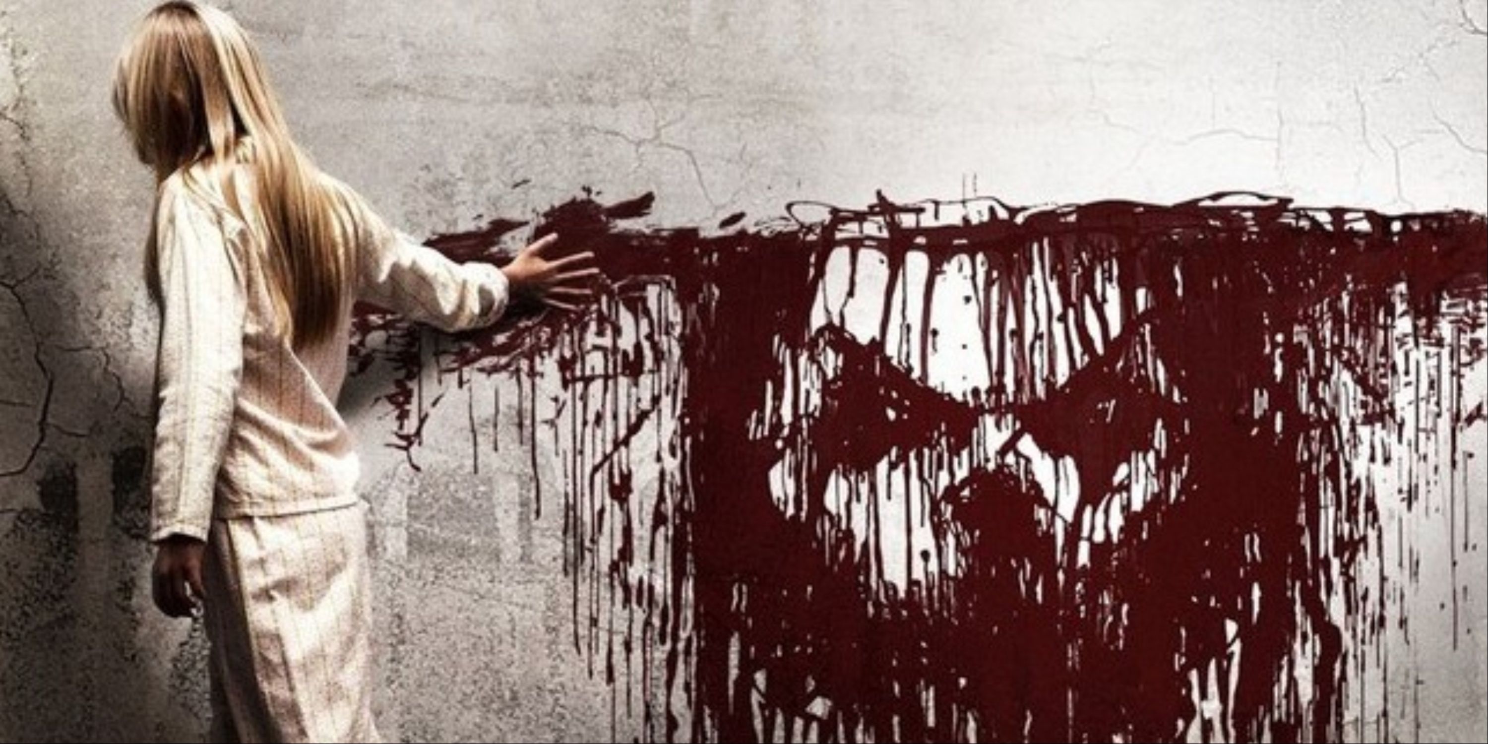 The main art for Sinister with a child painting the main demon's face out in blood.