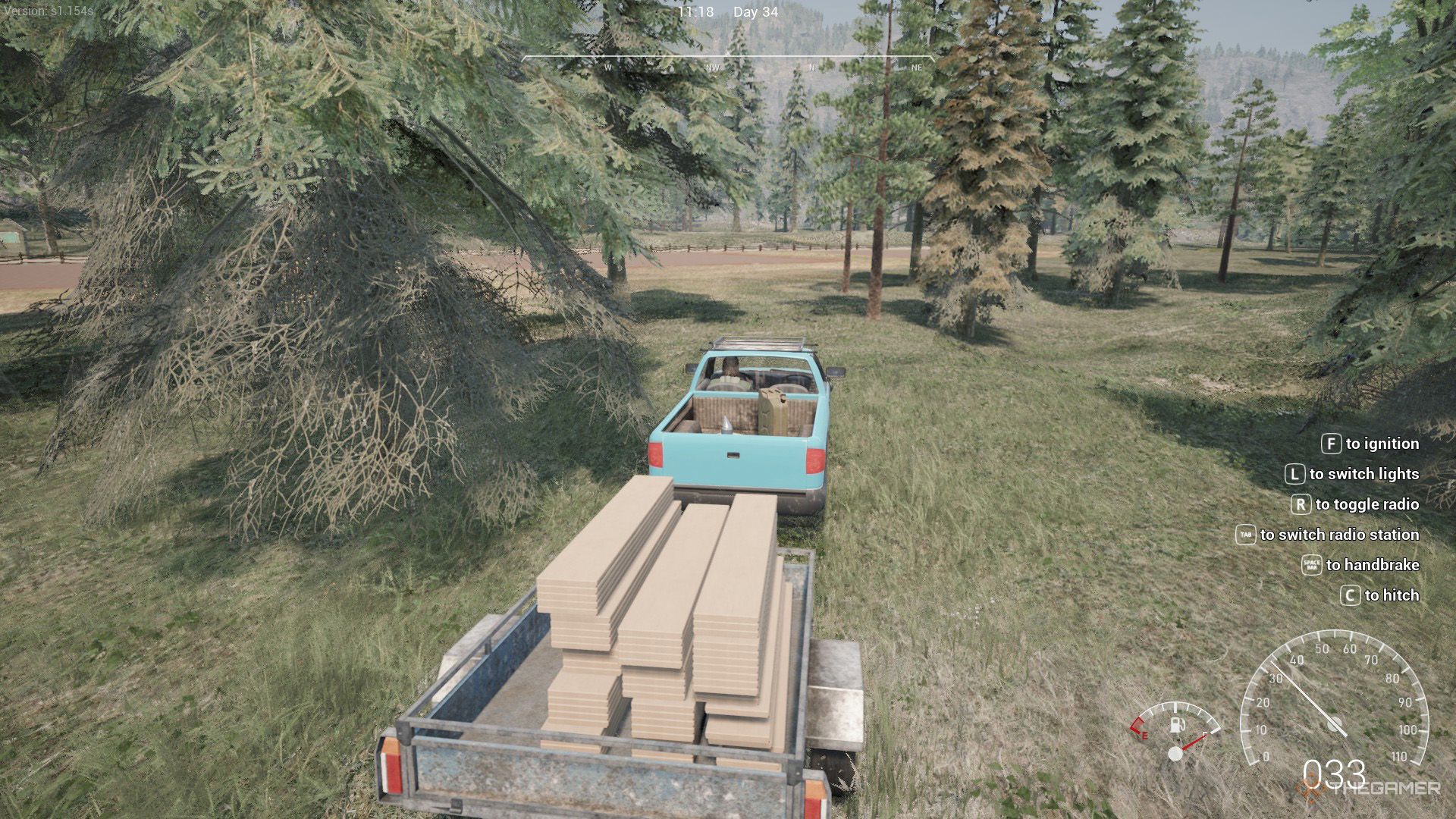 The player carries 64 wood planks with his vehicle in Ranch Simulator