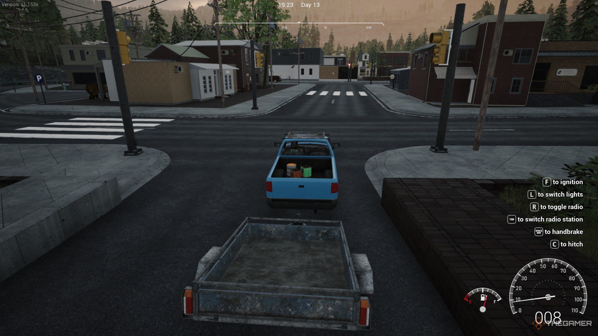 The player drives a blue vehicle with a trailer attached to it in Ranch Simulator