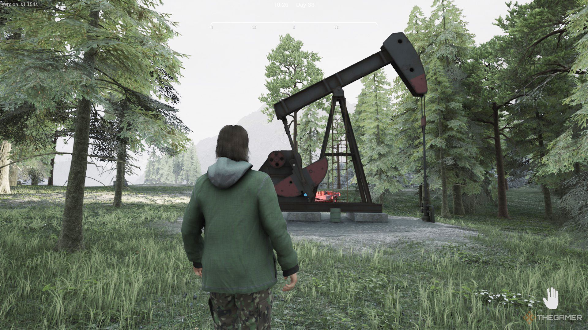 The player is looking at a fully operational drill rig in Ranch Simulator
