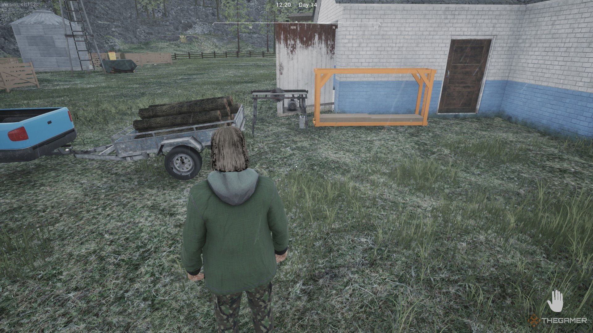 The player is standing in front of a table saw, log rack and a trailer filled with logs in Urban Myth Dissolution Center