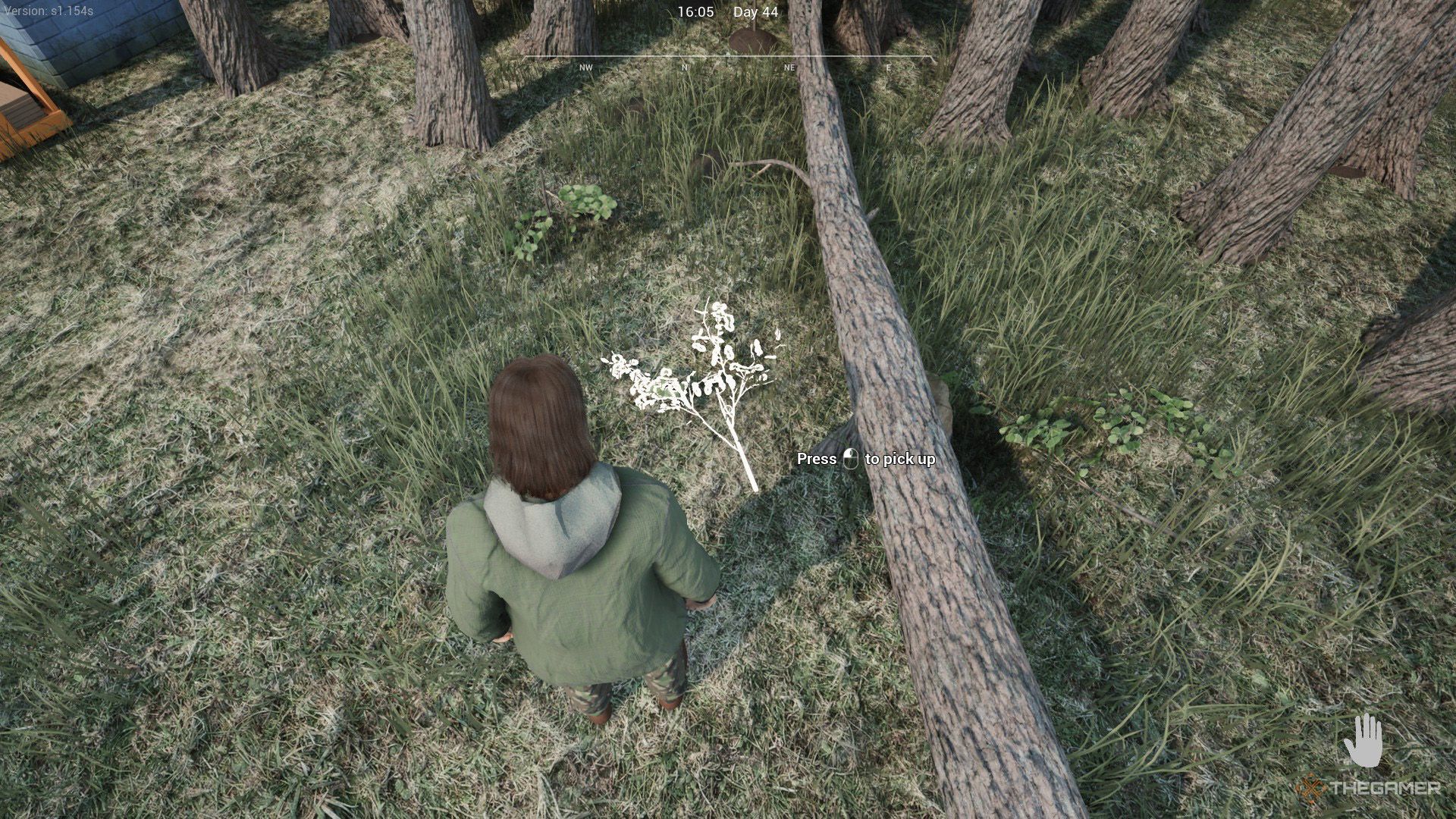 The player prepares to interact with highlighted tree seedling next to a fallen tree in Ranch Simulator