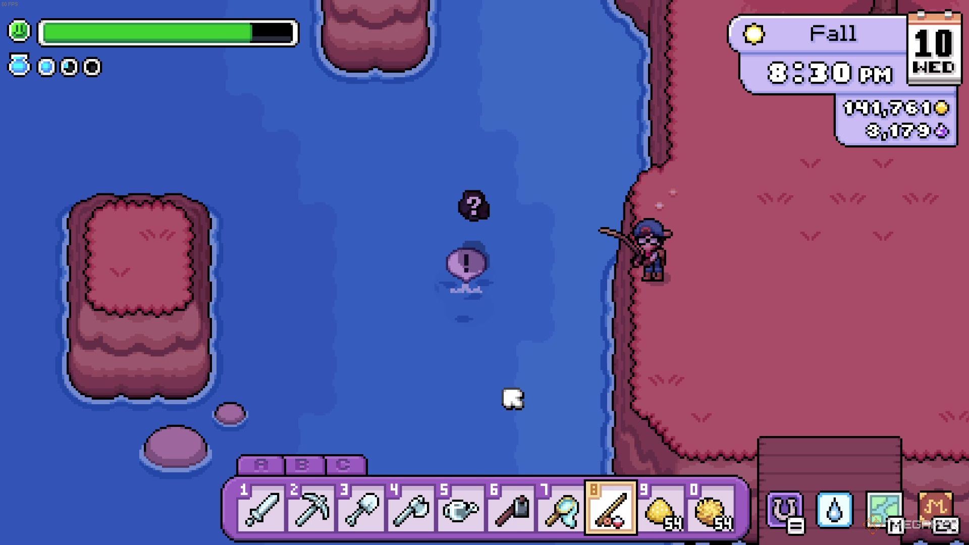 The player pulling up an unknown artifact in Fields of Mistria.