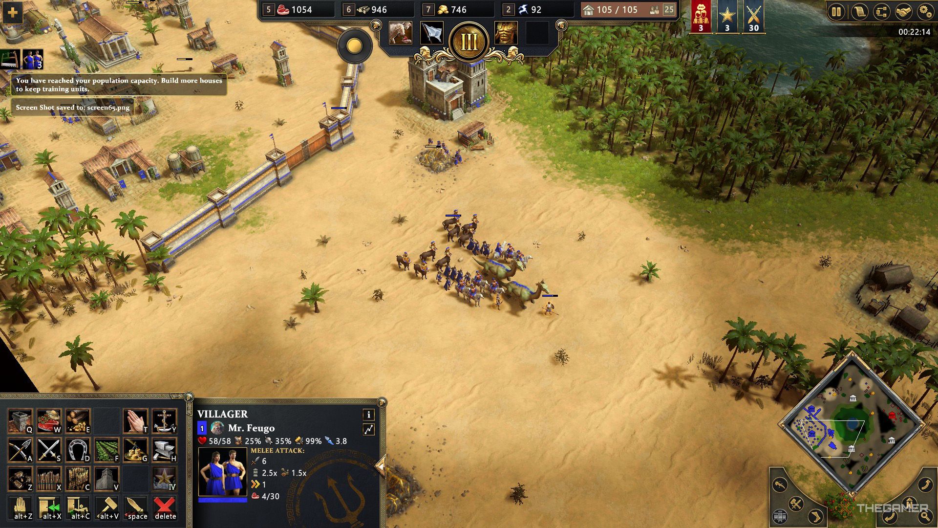 The player's army waiting enemies outside of the walls in Age of Mythology - Retold