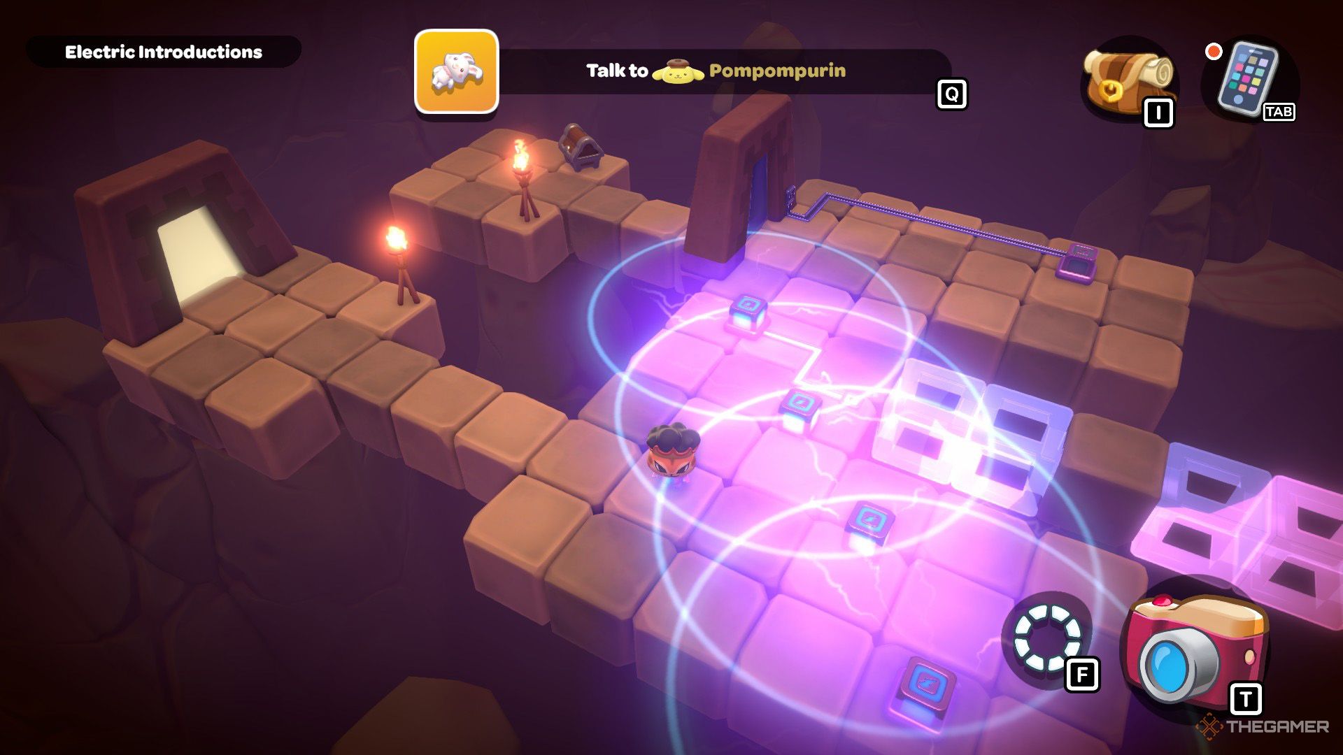 The player spawns purple blocks inside the Electric Introduction in Hello Kitty Island Adventure