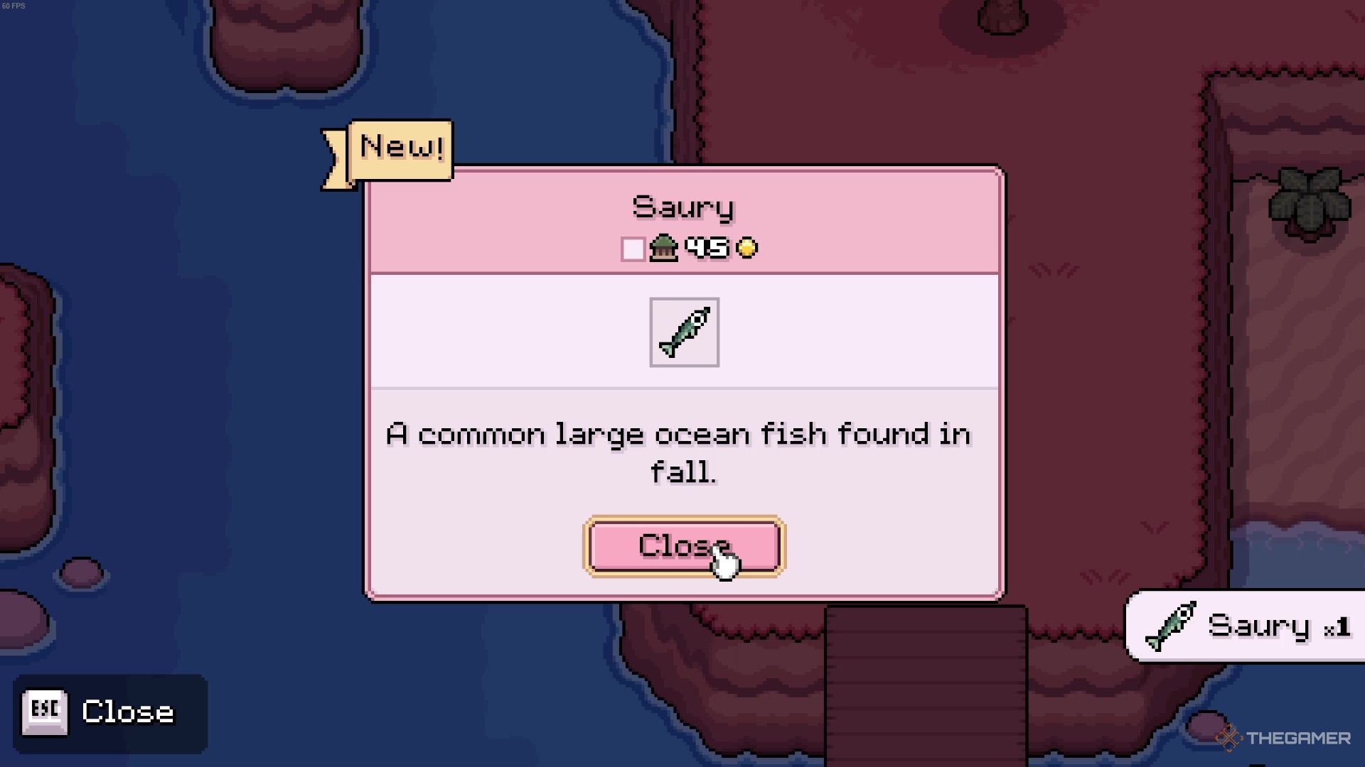 The prompt for catching your first Saury fish in Fields of Mistria.