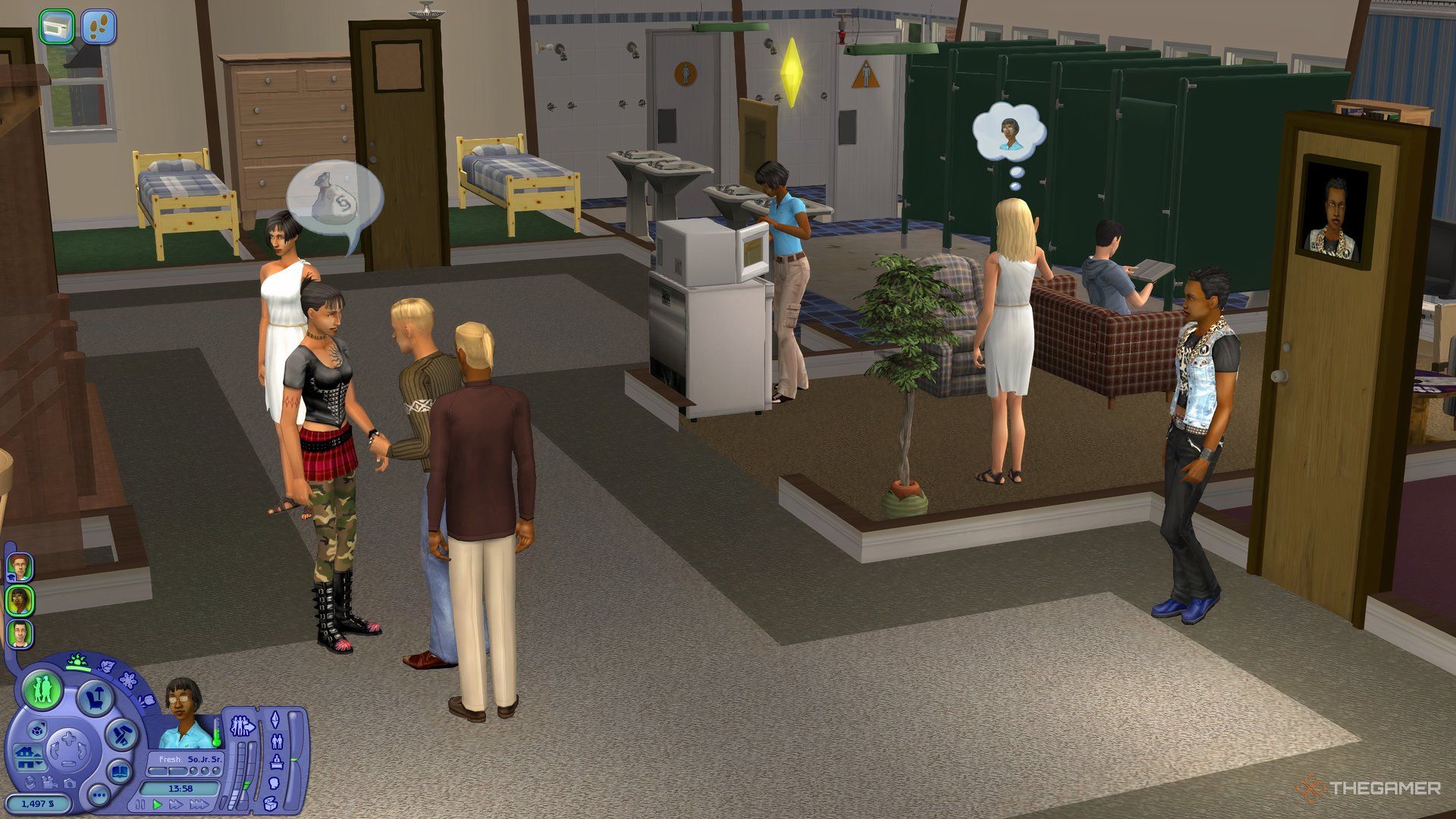 A group of Sims talking and studying in a dorm common area in The Sims 2 University.