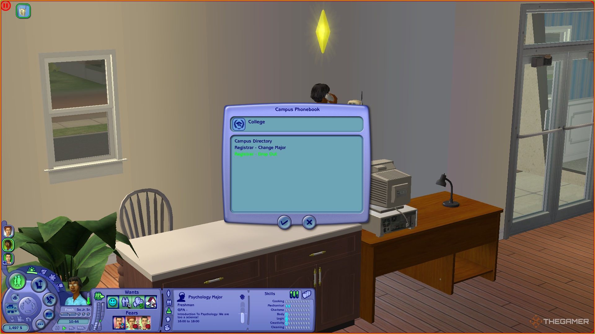 A menu in The Sims 2 University showing how to drop out of college on the phone.