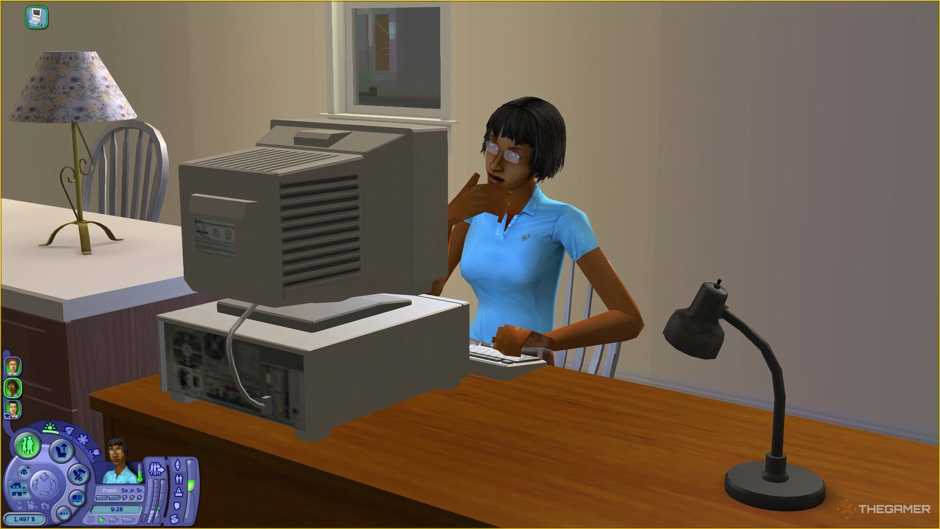 A Sim in The Sims 2: University looking puzzled while writing a term paper in her dorm.
