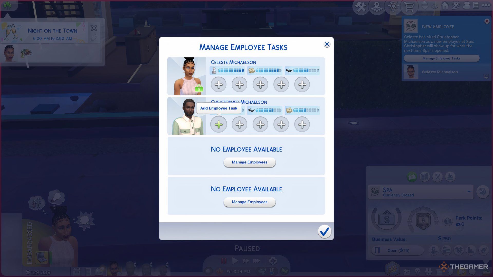 The manage employees menu from The Sims 4 Businesses and Hobbies showing add employee task.